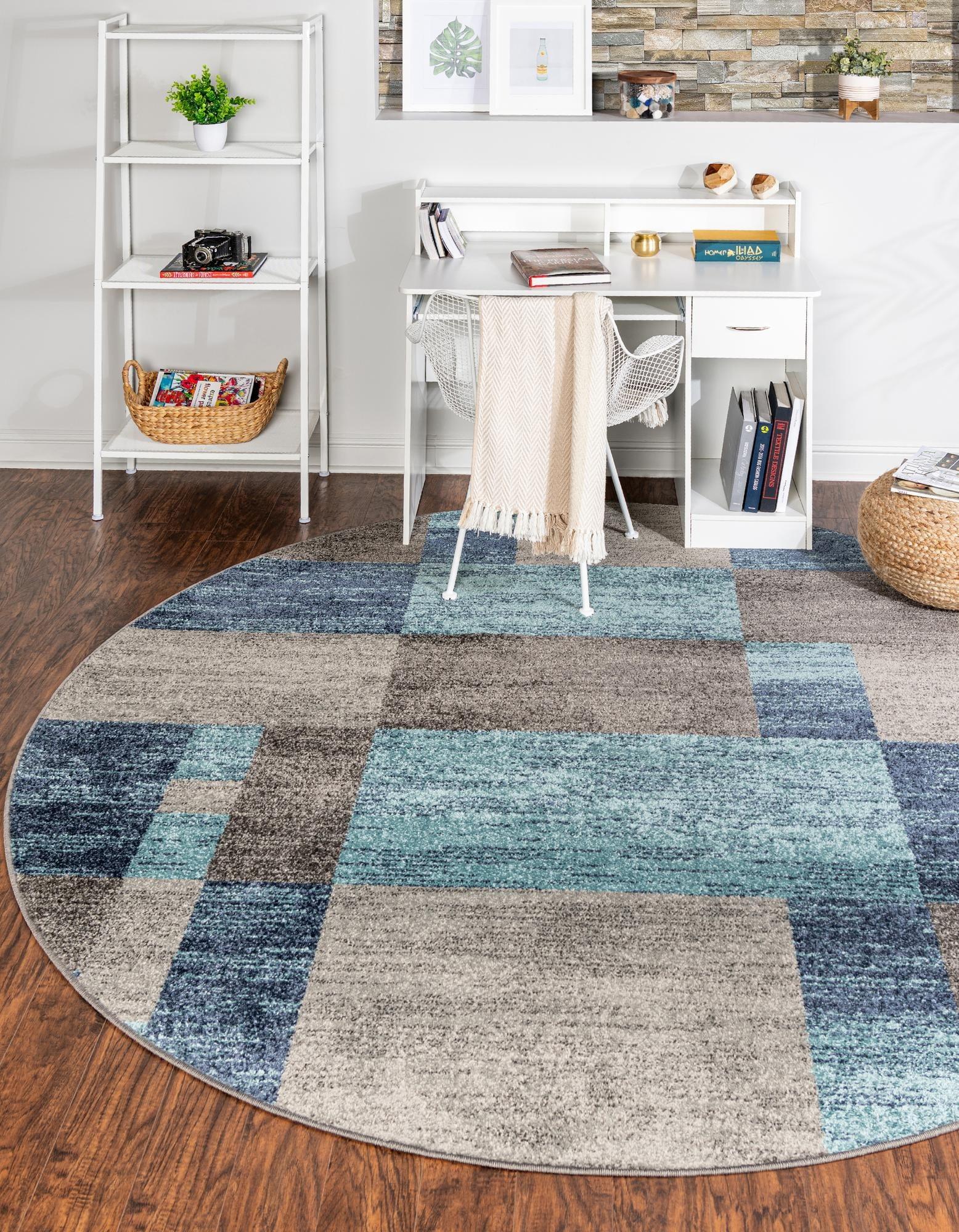 Serene Geometric Blue Round Synthetic Rug, 3' 3" - Stain-Resistant