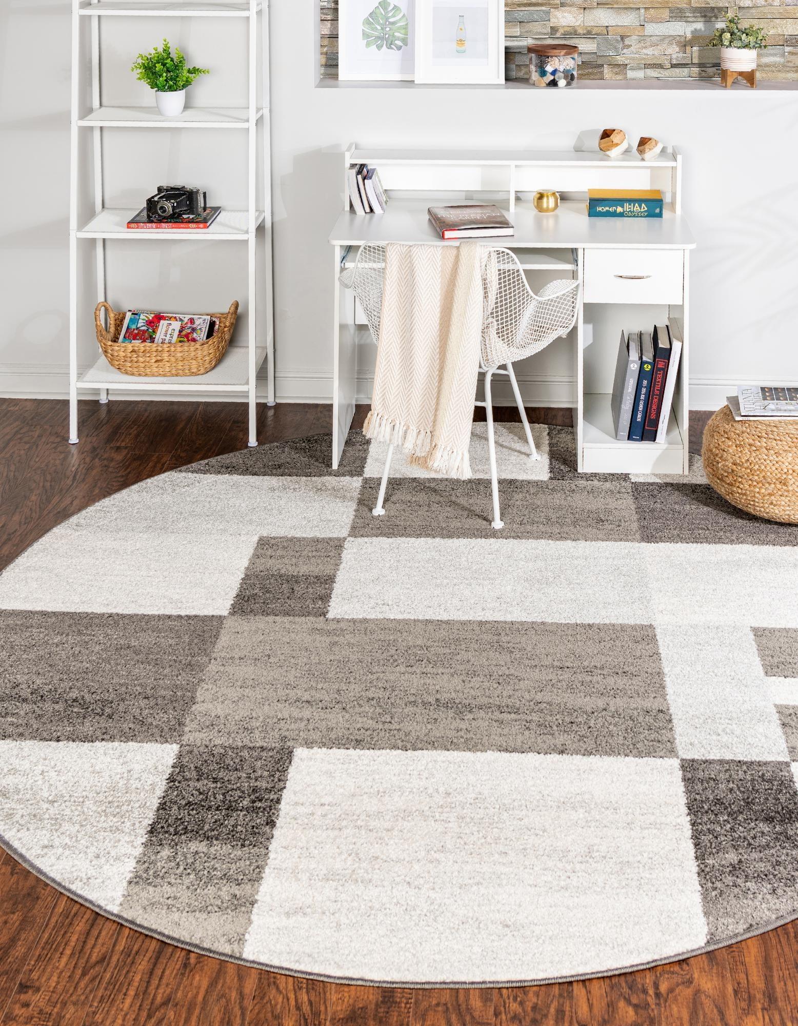 Gray Geometric Round Stain-Resistant Indoor Rug