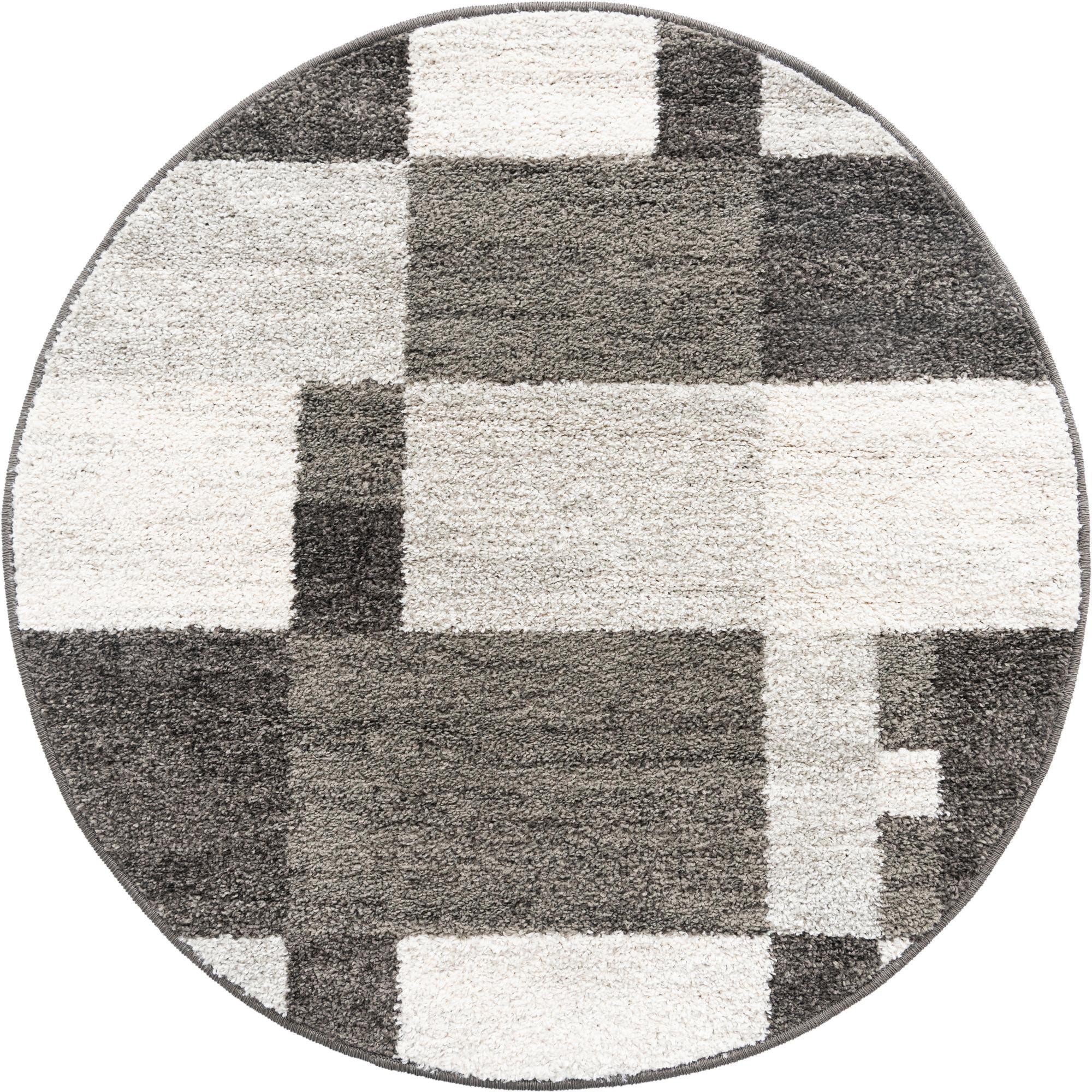 Gray Geometric Round Stain-Resistant Indoor Rug