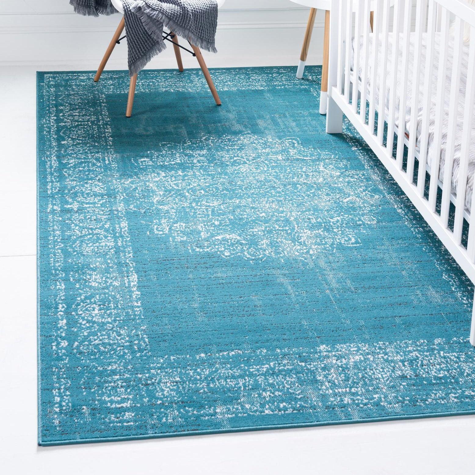 Teal Blue Rectangular Flat Woven Synthetic 6x9 Rug