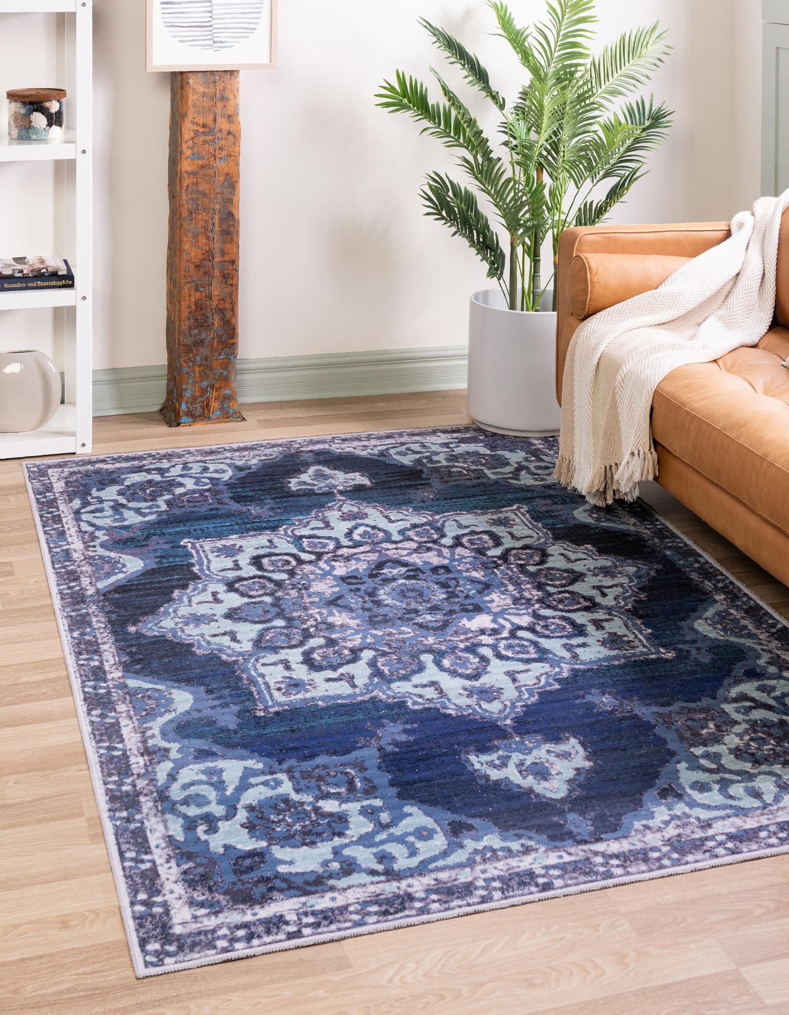 Navy Blue Medallion Washable Synthetic Area Rug