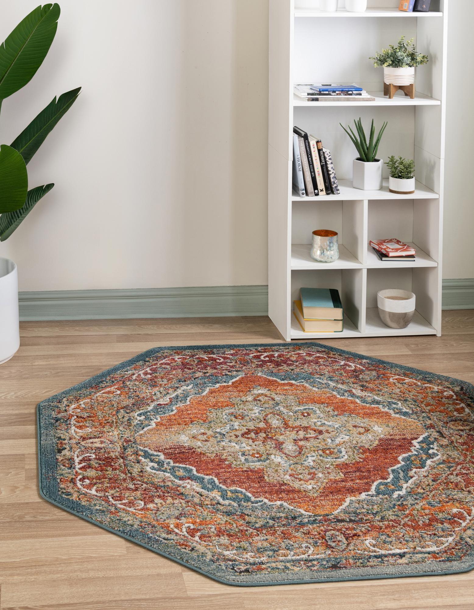 Rust Red Floral Octagon Stain-Resistant Indoor Rug