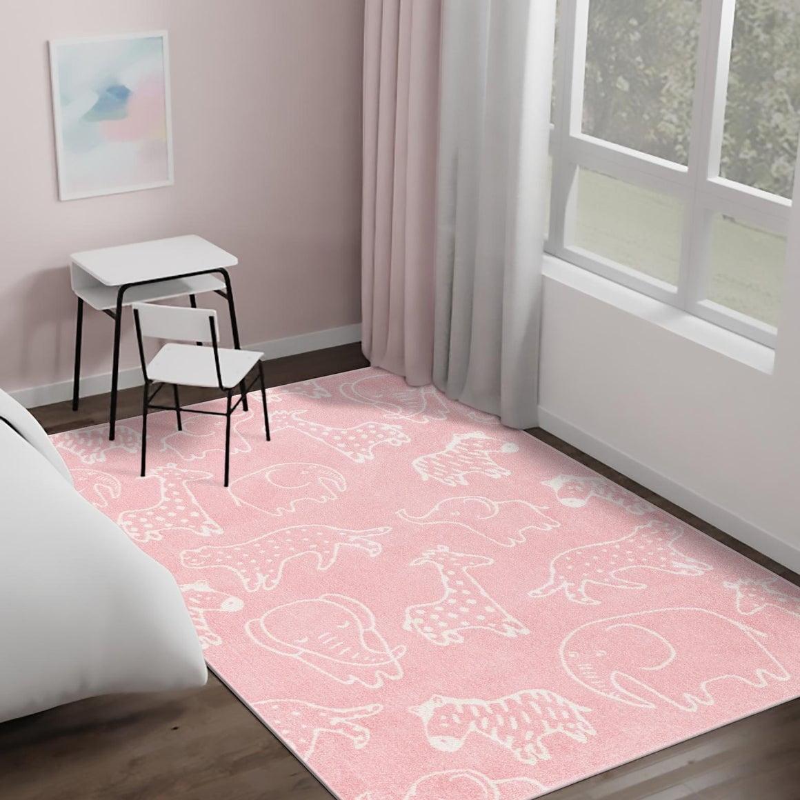 Pink and Ivory Safari Animals Kids Rectangular Rug