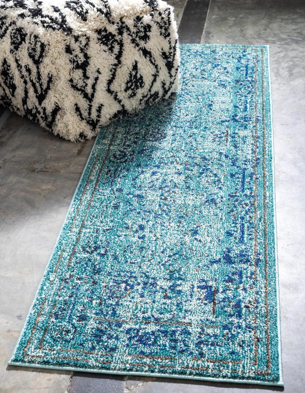 Light Blue Synthetic Stain-Resistant Runner Rug