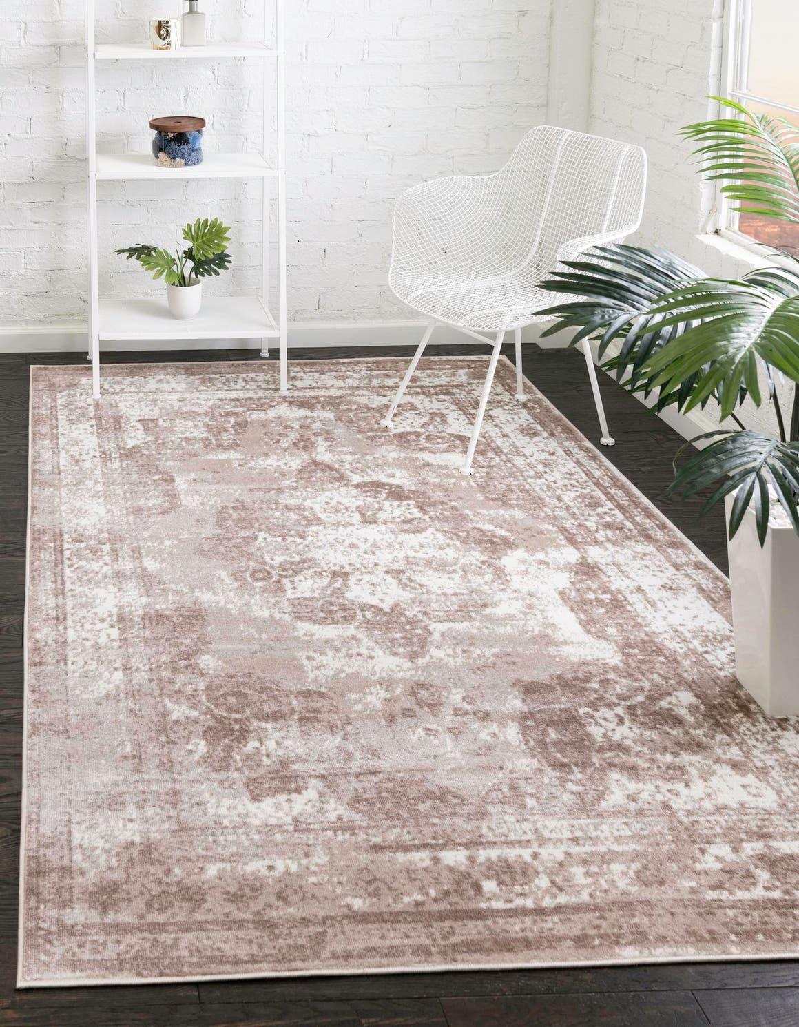 Beige 5'3" x 8' Synthetic Rectangular Easy-Care Area Rug