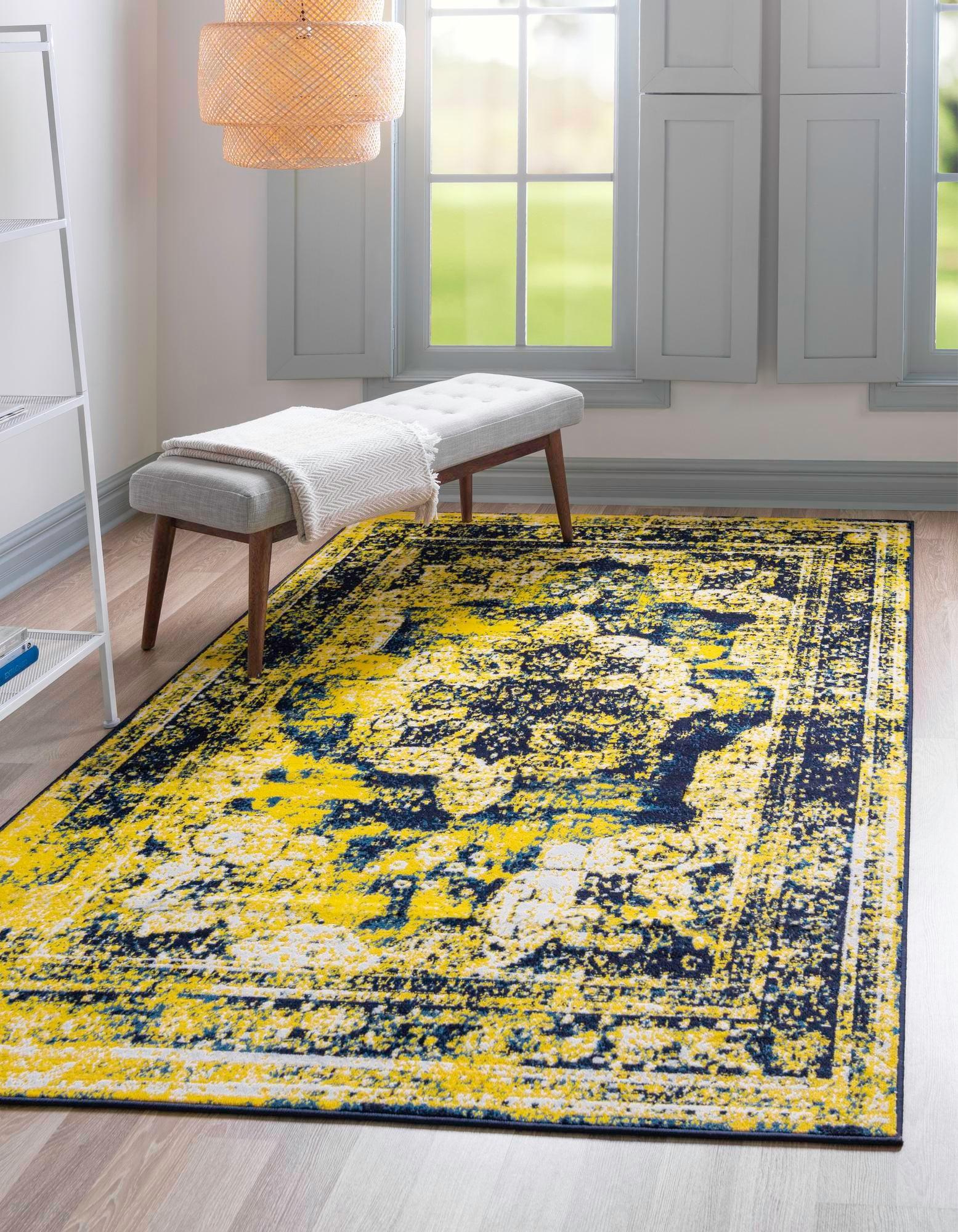 Reversible Navy Blue and Yellow Synthetic Indoor Rug 2' 2" x 3' 1"