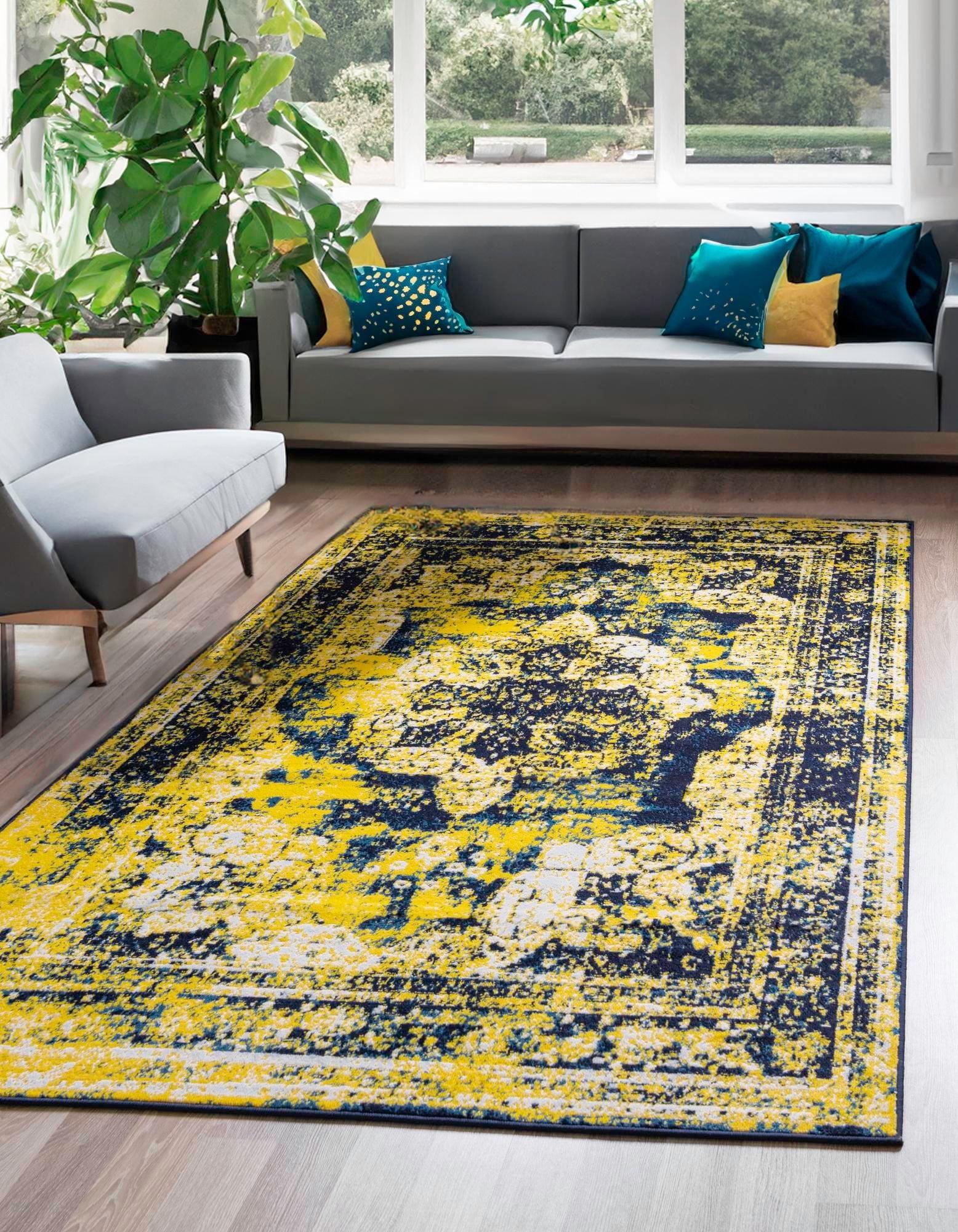 Navy Blue and Yellow Synthetic Reversible Area Rug