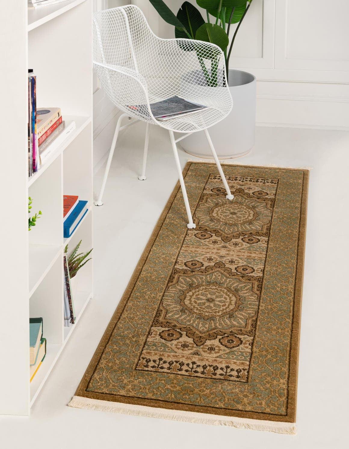 Ivory and Light Brown Synthetic Stain-Resistant Runner Rug