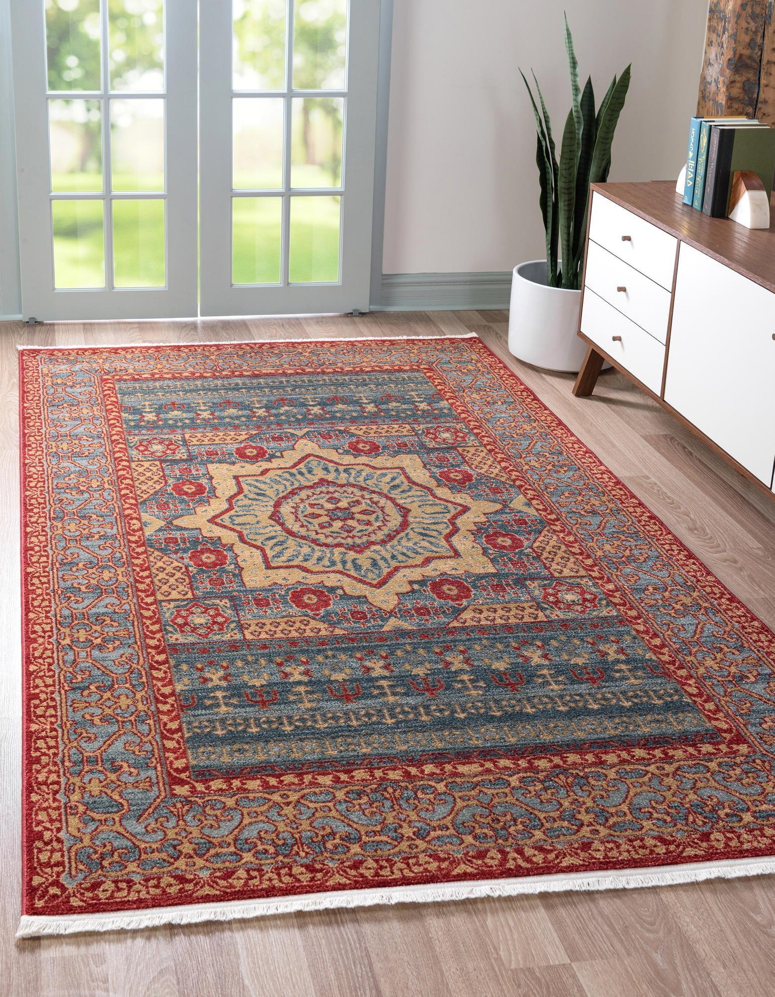 Navy Blue and Rust Red Rectangular Synthetic Area Rug