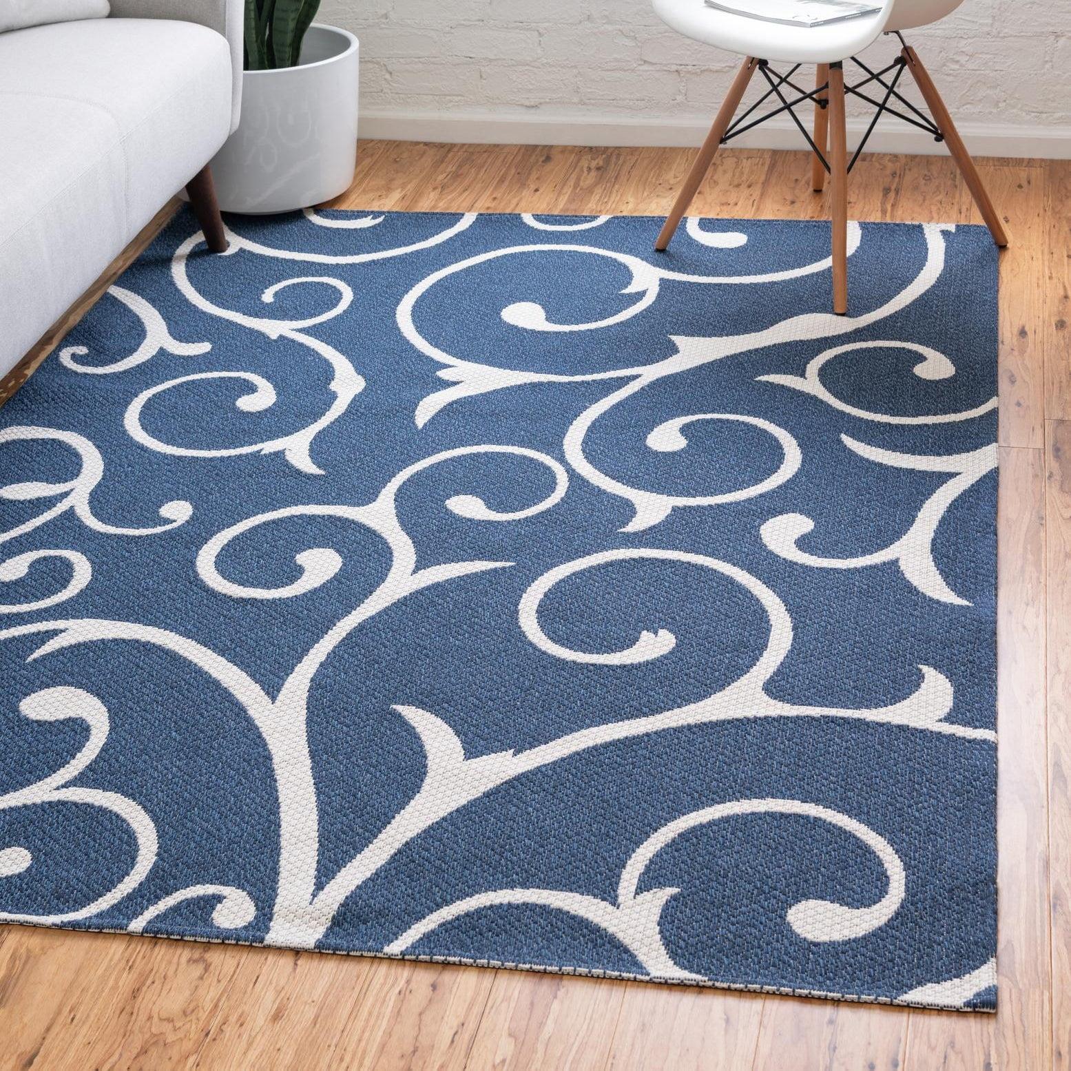 Navy Blue and Ivory Trellis 6' x 9' Washable Flat Woven Rug