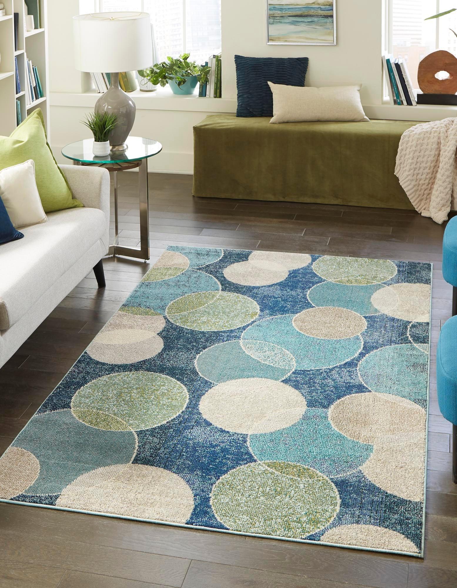 Navy Blue Abstract Synthetic 4' x 6' Stain-Resistant Rug