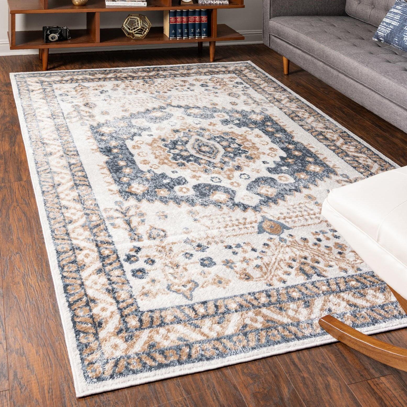 Oxford Ivory and Navy Blue Rectangular Bohemian Rug