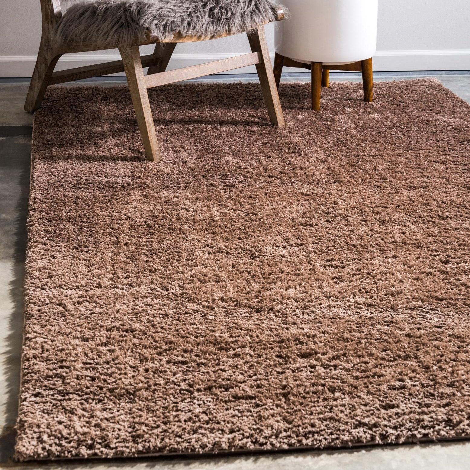 Luxurious Solid Brown Shag Rug 5' x 8' Rectangular Synthetic Easy Care