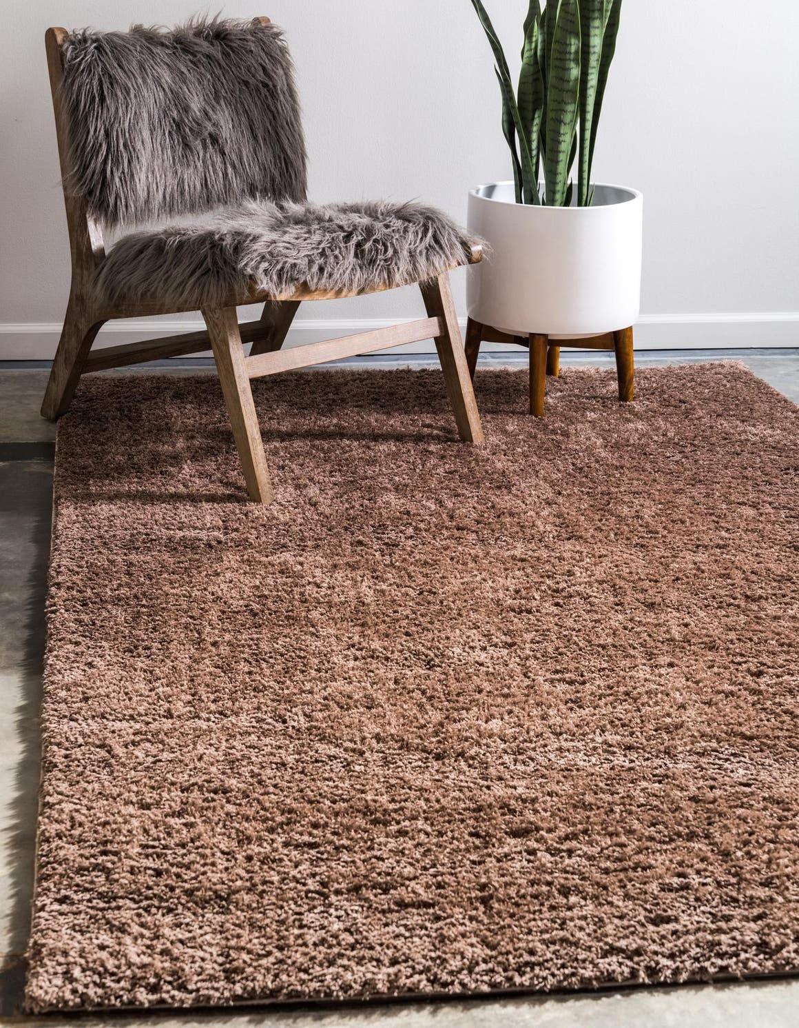 Luxurious Solid Brown Shag Rug 5' x 8' Rectangular Synthetic Easy Care