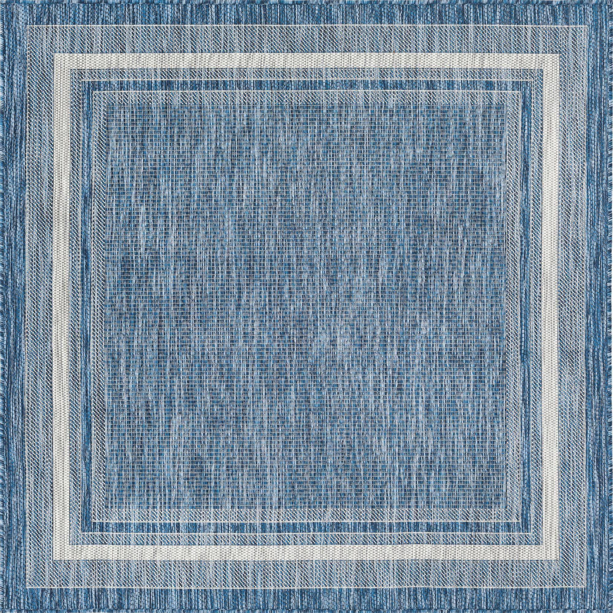 Blue and Ivory Square Outdoor Synthetic Rug