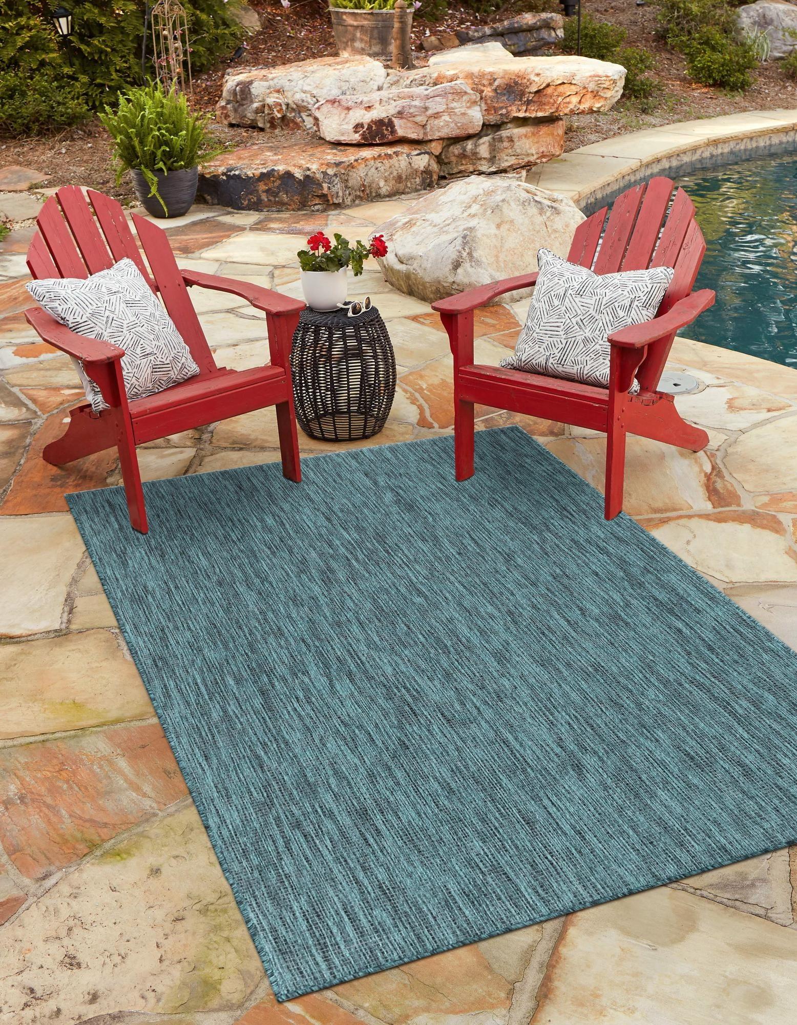 Teal Blue Synthetic 4' x 6' Easy-Care Outdoor Rug