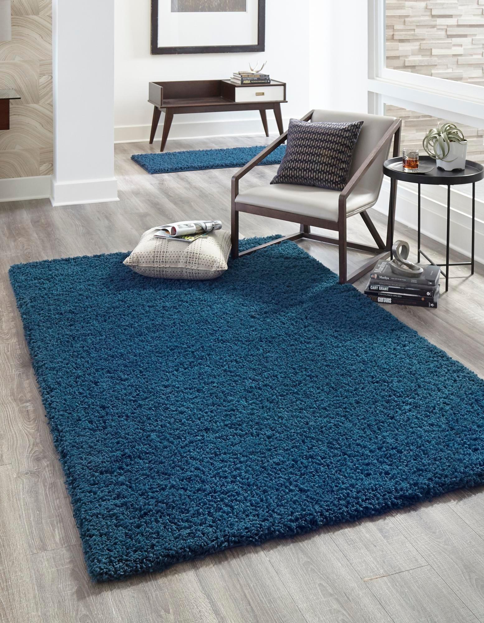 Navy Blue High Pile Shag Rectangular Area Rug