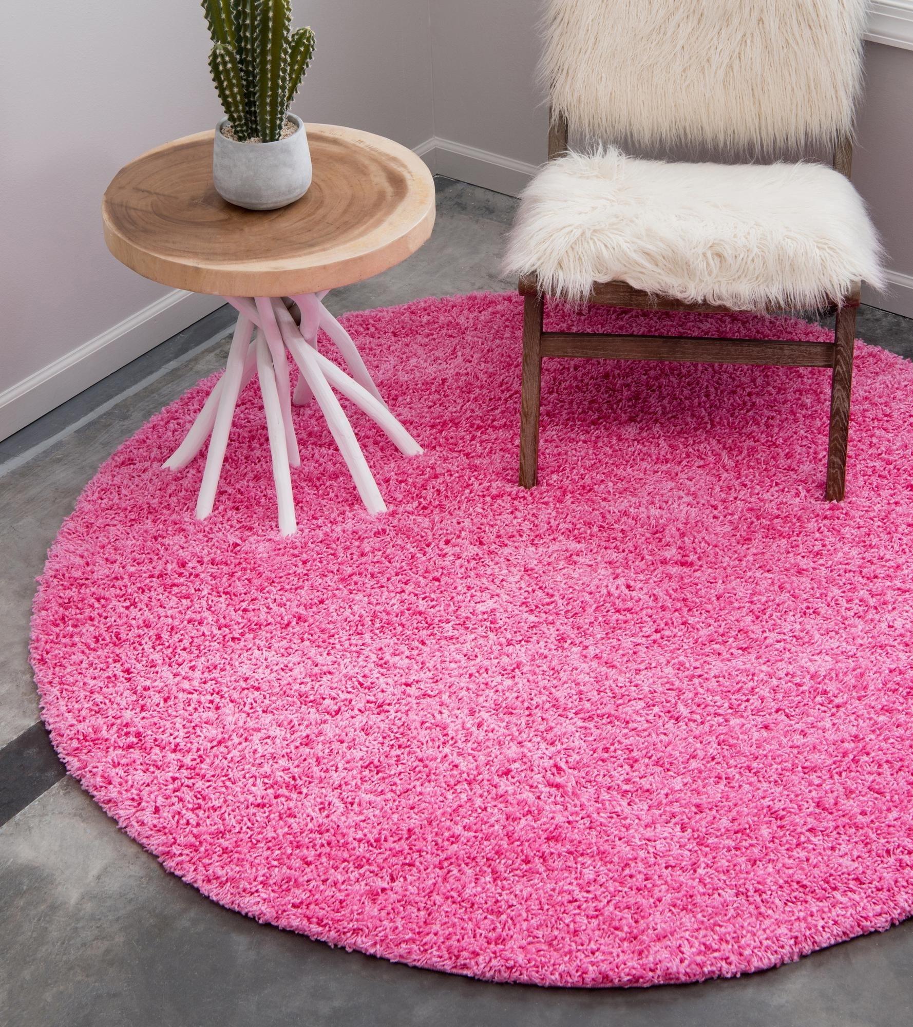 Round Pink Shag Washable Kids Area Rug