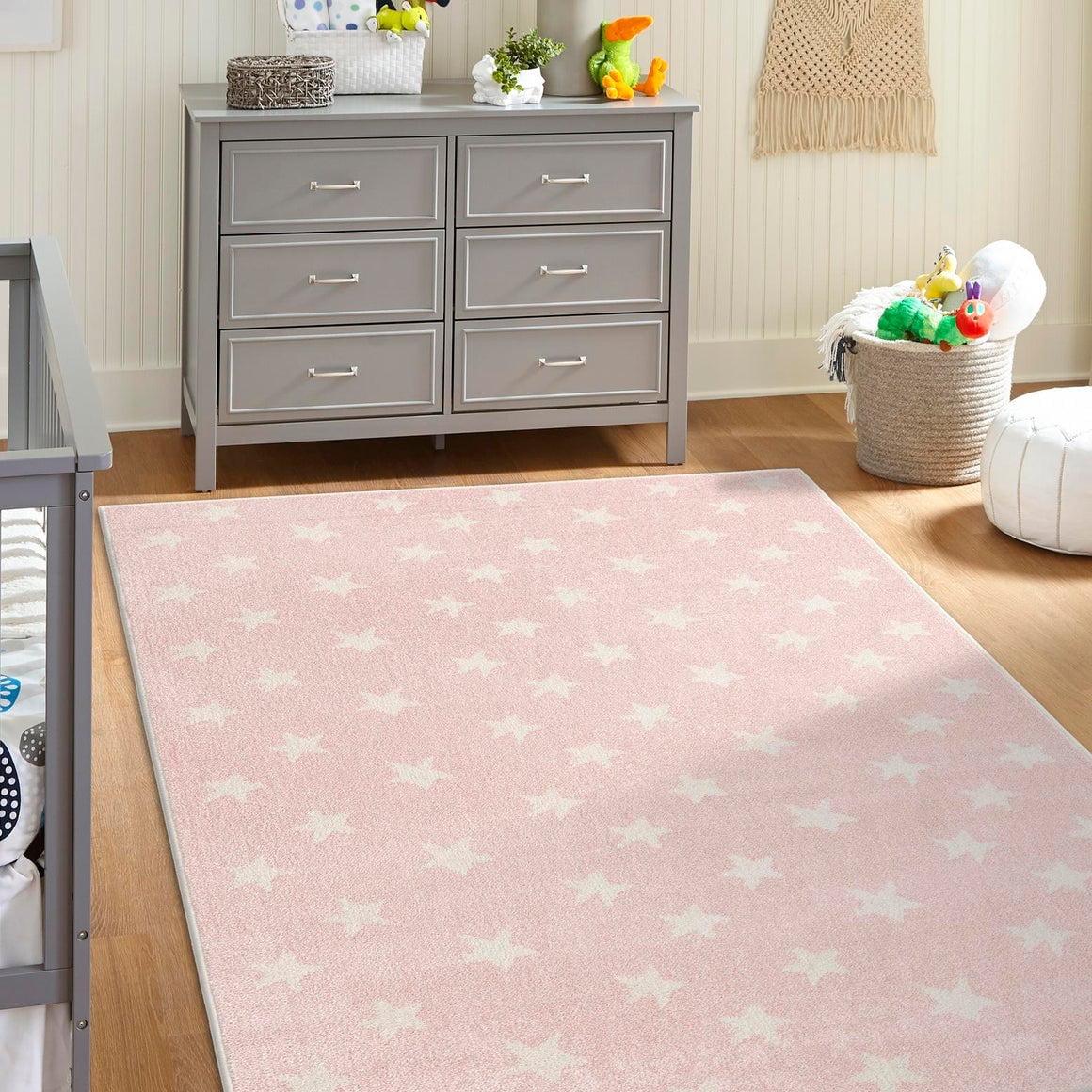 Pink and Ivory Rectangular Kids' Star Pattern Rug