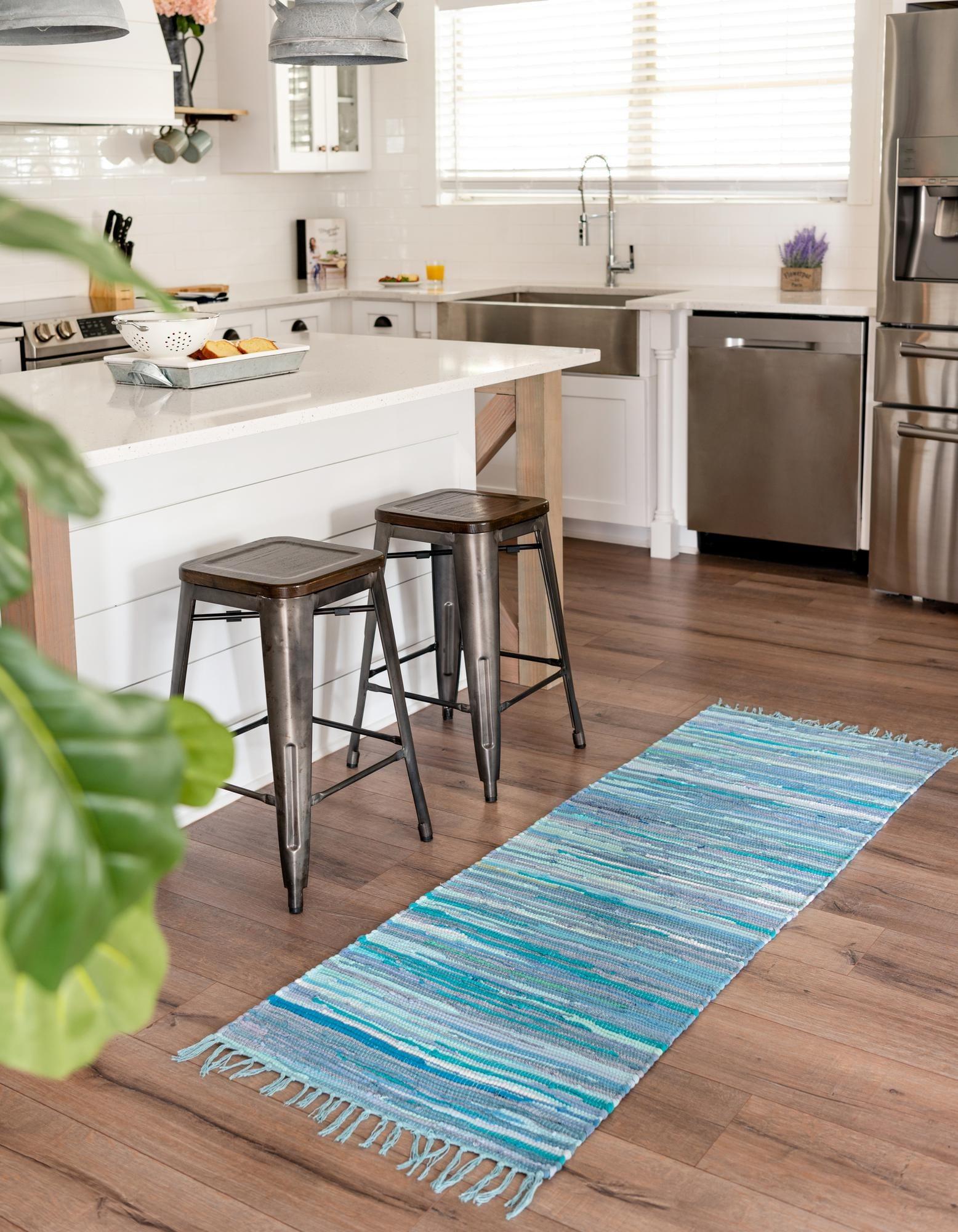 Light Blue Striped Handmade Reversible Runner Rug