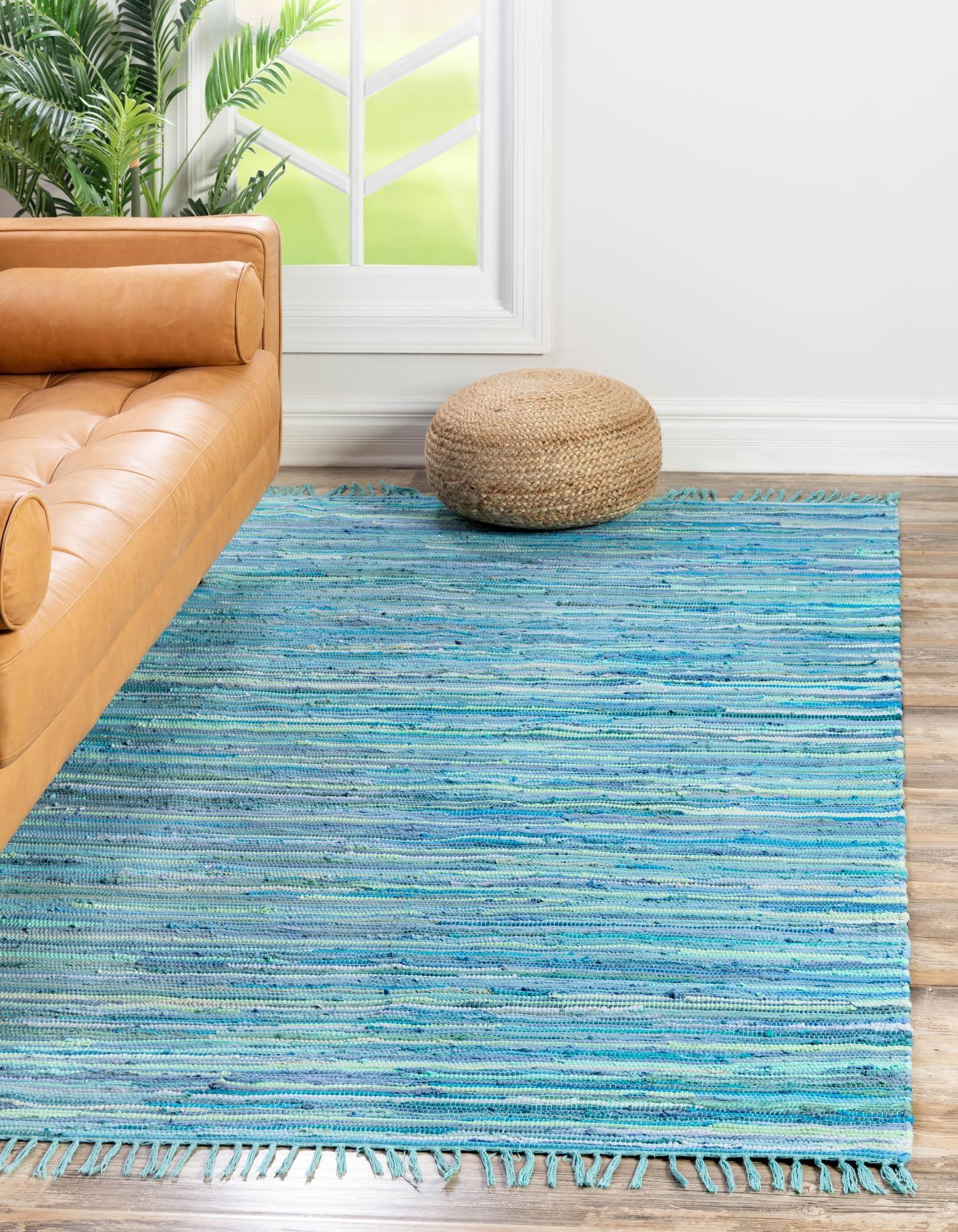 Unique Loom Chindi Cotton Collection Area Rug - Striped (2' 2" x 3' Rectangle Light Blue/Ivory)