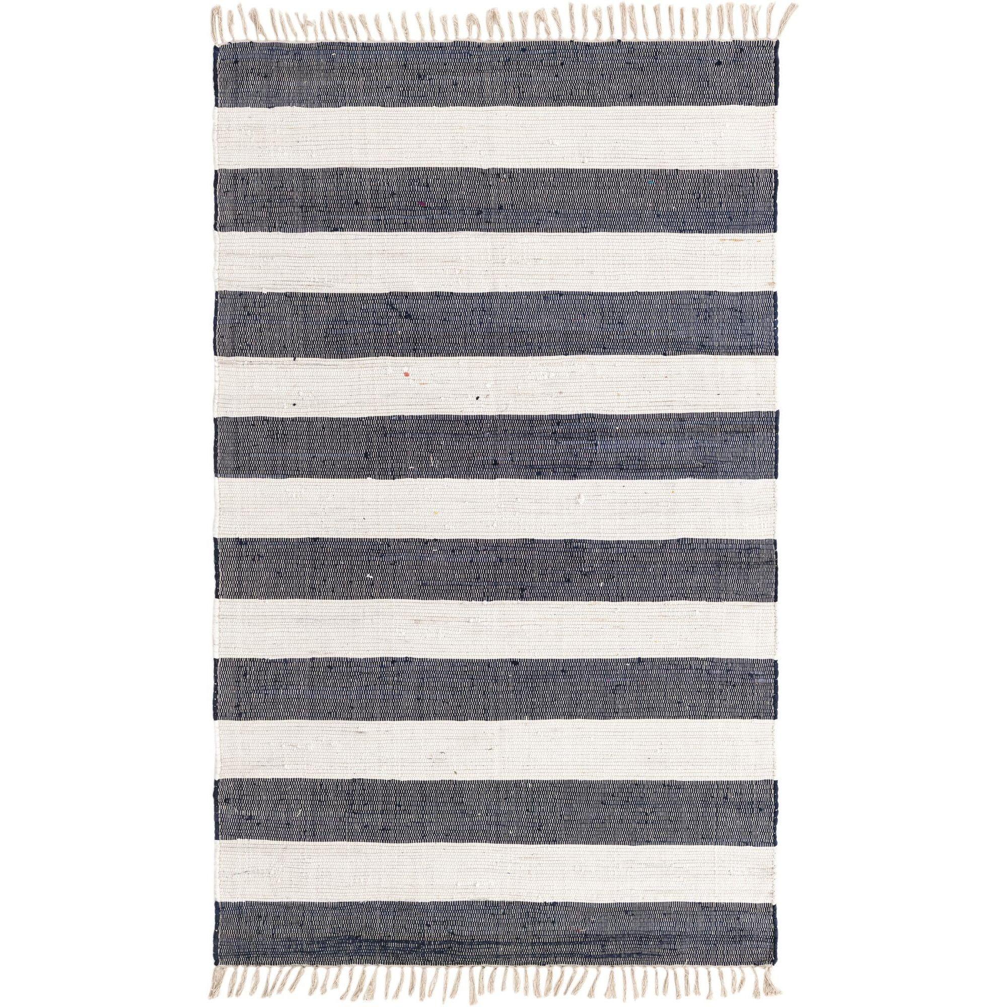 Handmade Navy Blue Rectangular Braided Stripe Rug