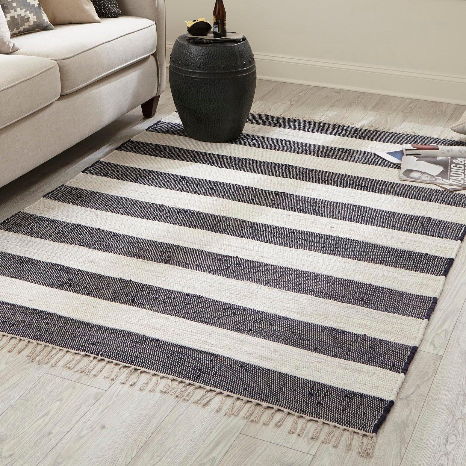 Handmade Navy Blue Rectangular Braided Stripe Rug