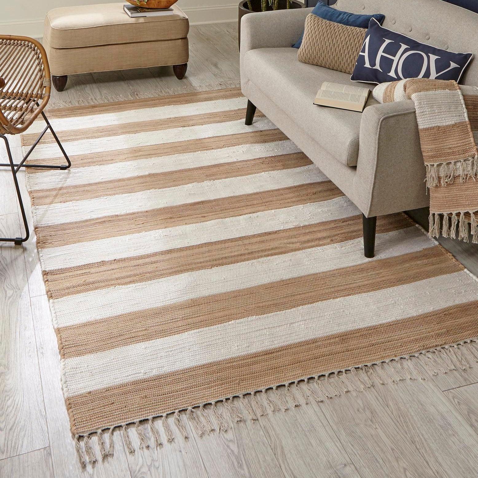 Beige and Ivory Striped Cotton Fringe Accent Rug 2' x 3'