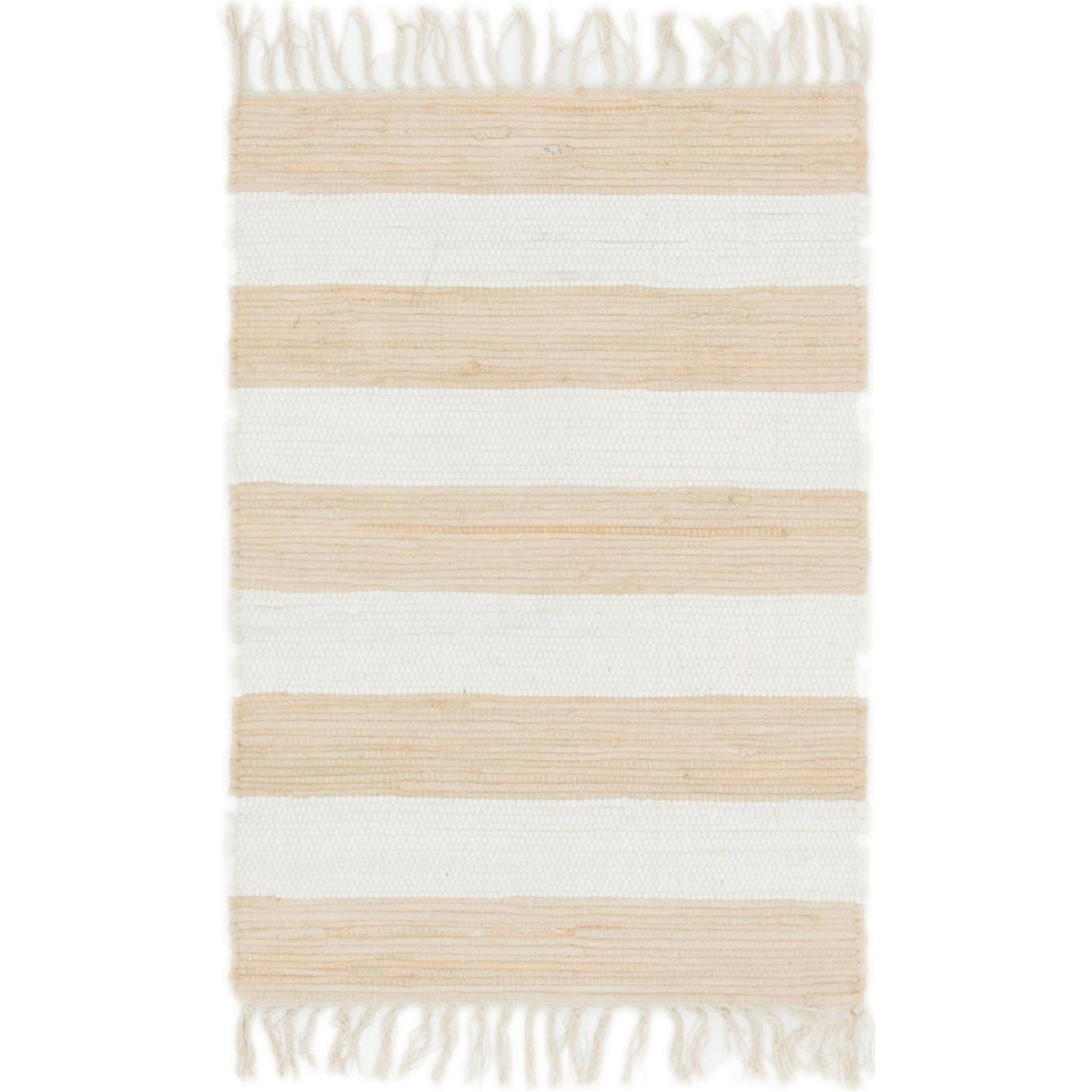 Beige and Ivory Striped Cotton Fringe Accent Rug 2' x 3'