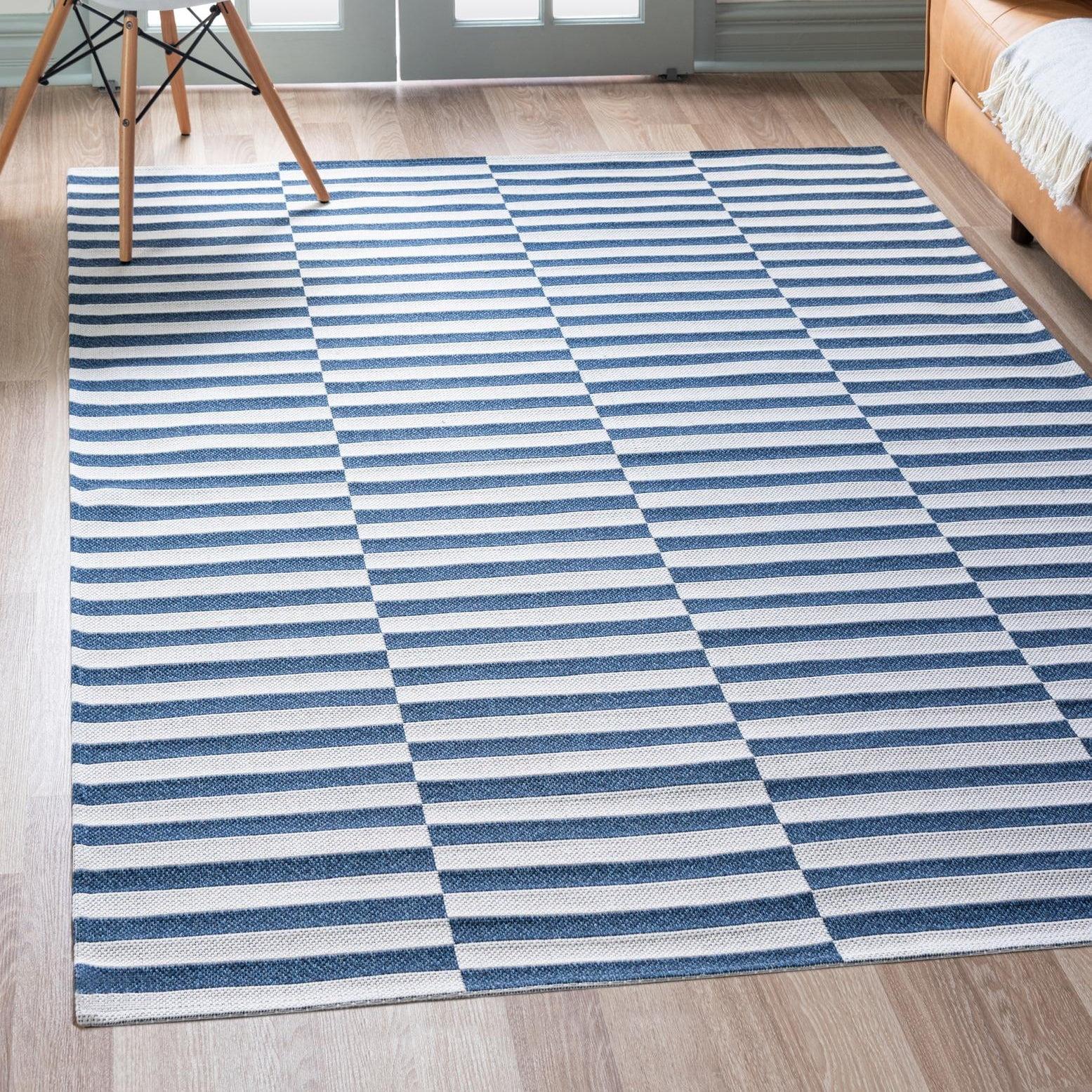 Navy Blue and Ivory Striped Flatweave Rectangular Rug