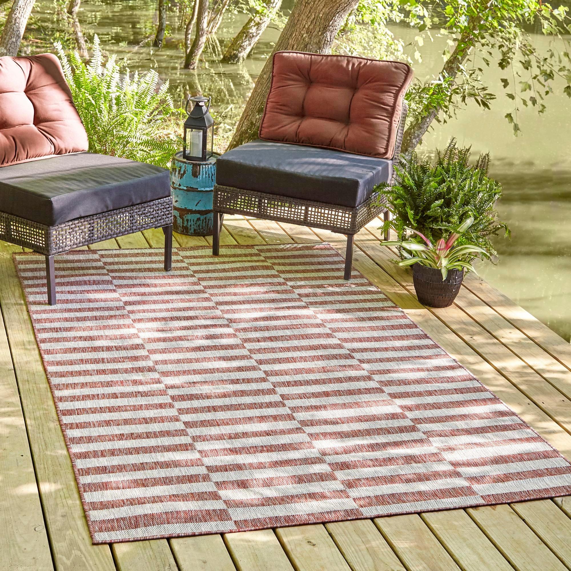 Rust Red and Ivory Striped 8' x 11'4" Synthetic Outdoor Rug