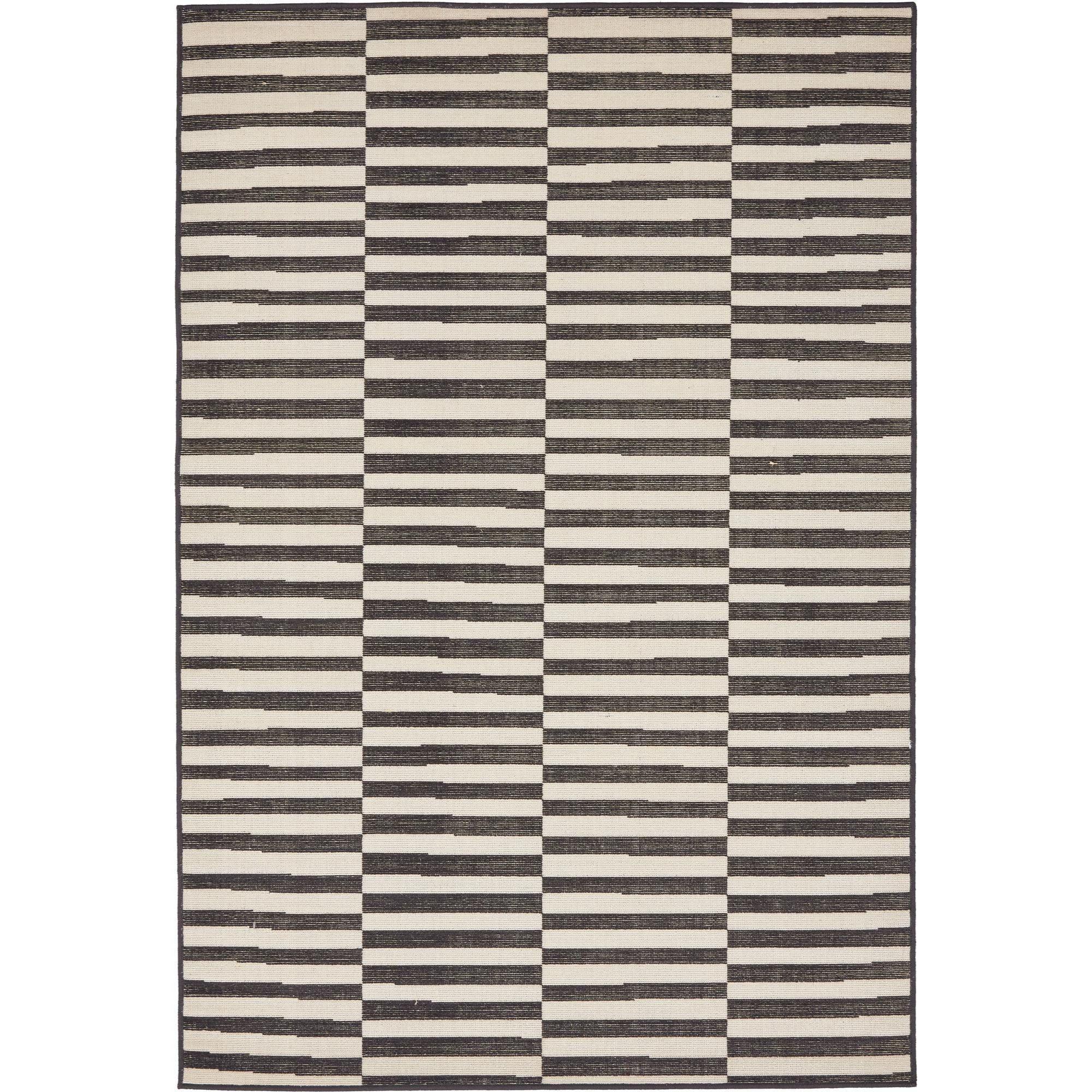 Black and Ivory Striped Synthetic 4' x 6' Area Rug