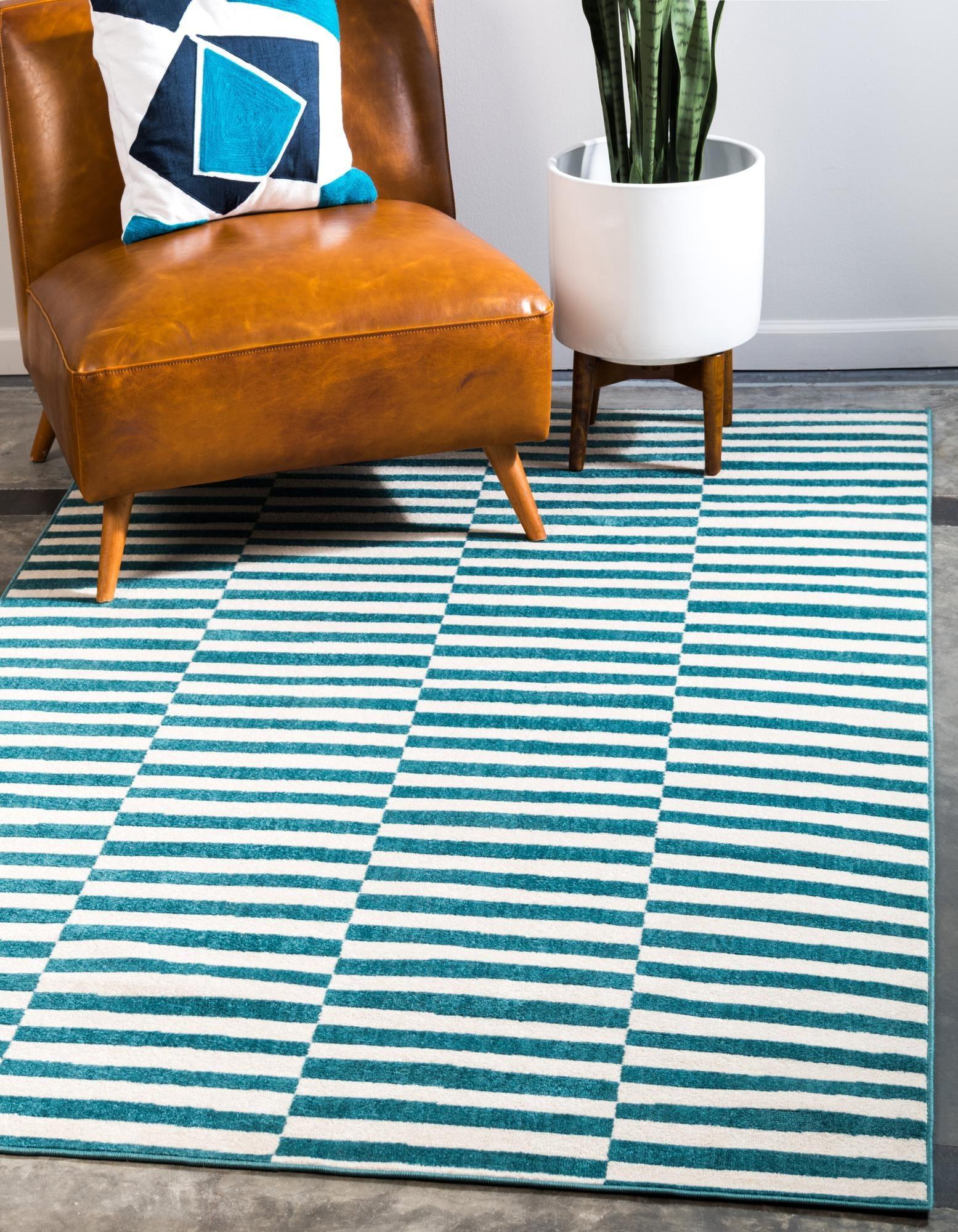 Teal Stripe Easy-Care Synthetic 4' x 6' Rectangular Rug