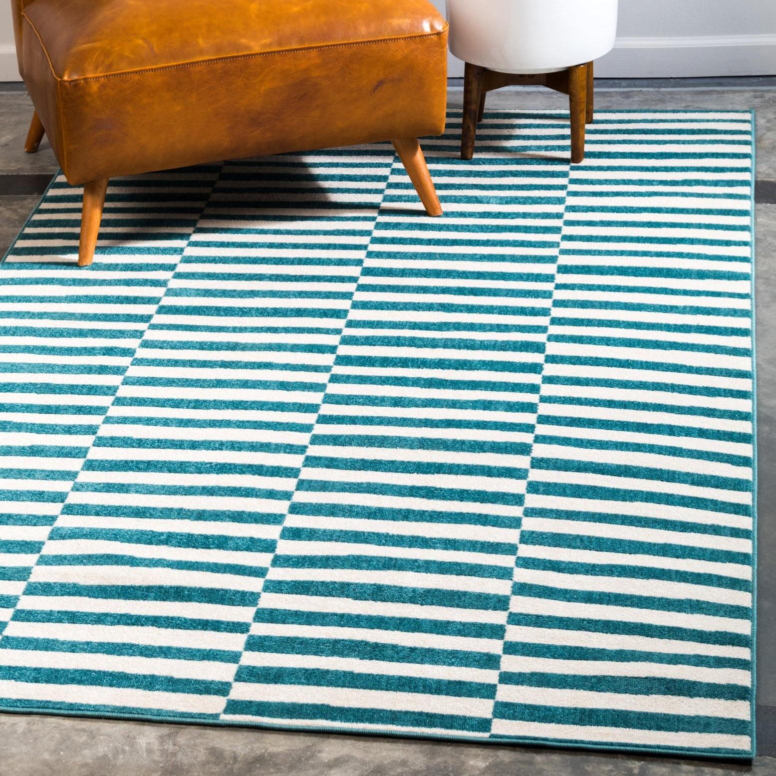 Teal Stripe Easy-Care Synthetic 4' x 6' Rectangular Rug