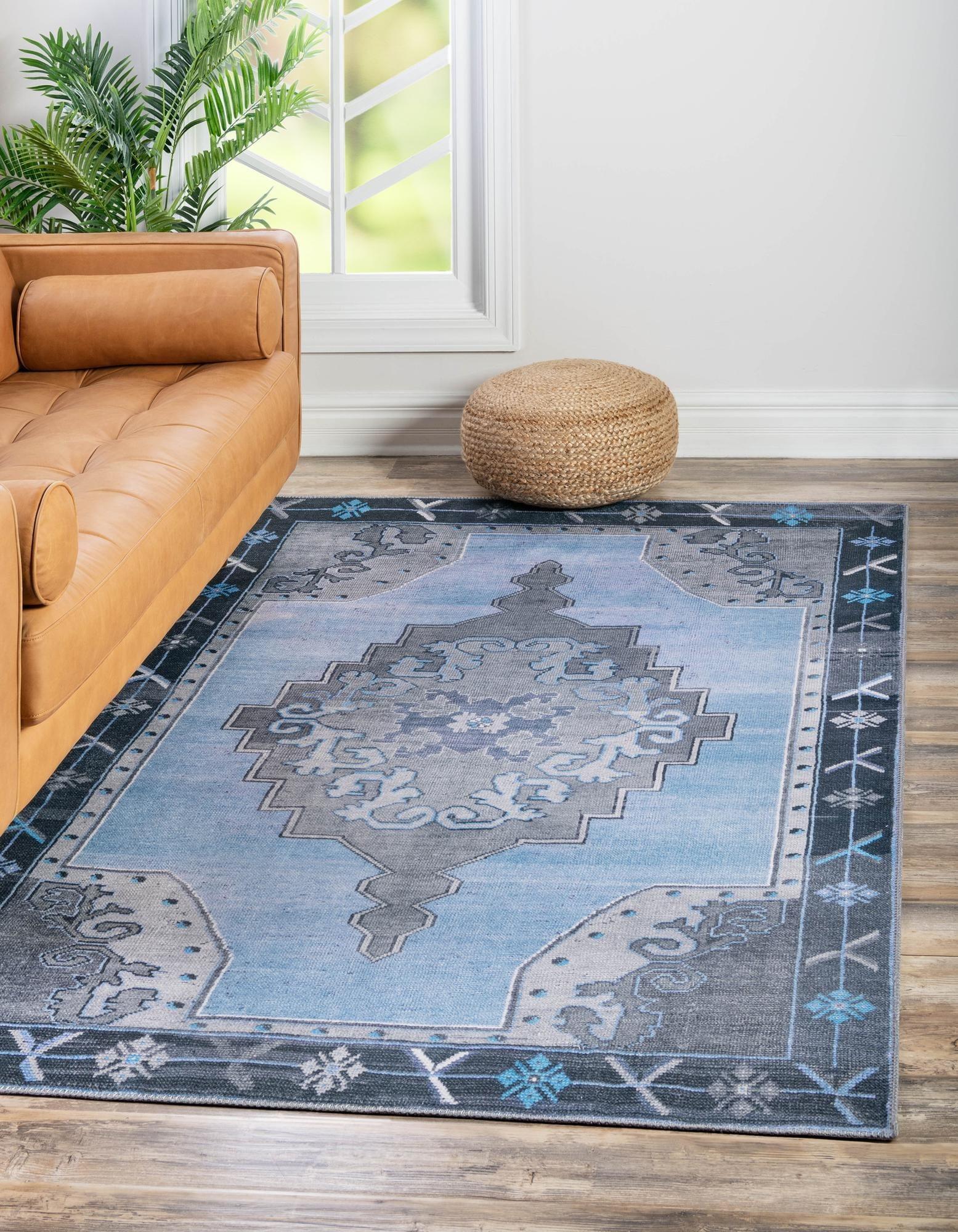 Blue Gray Rectangular Stain-Resistant Chenille Rug