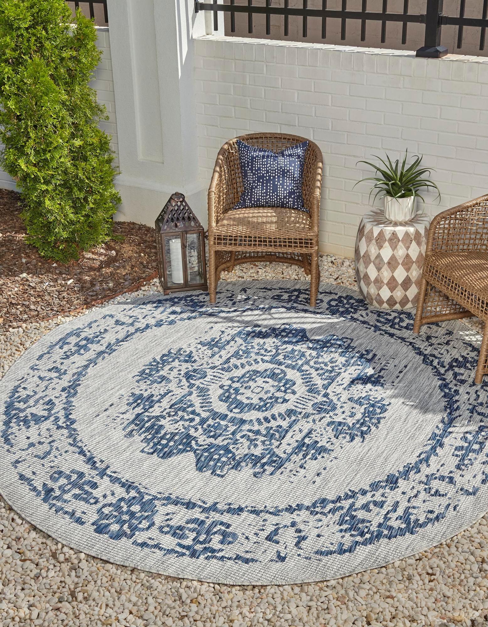 Unique Loom 4' 1 x 4' 1 Round Indoor/Outdoor Traditional Blue Area Rug