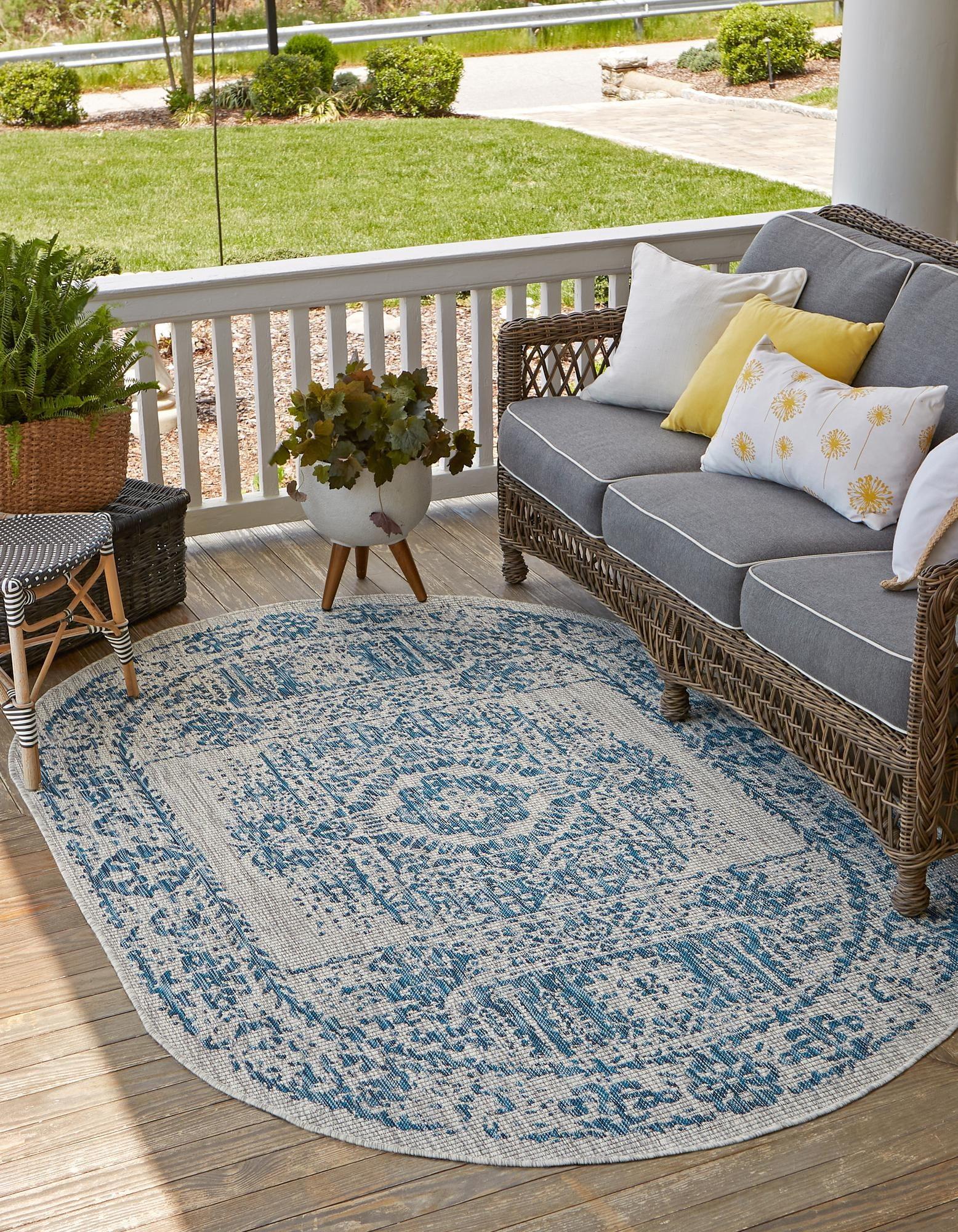 Unique Loom 5' 3 x 8' 0 Oval Indoor/Outdoor Traditional Blue Area Rug