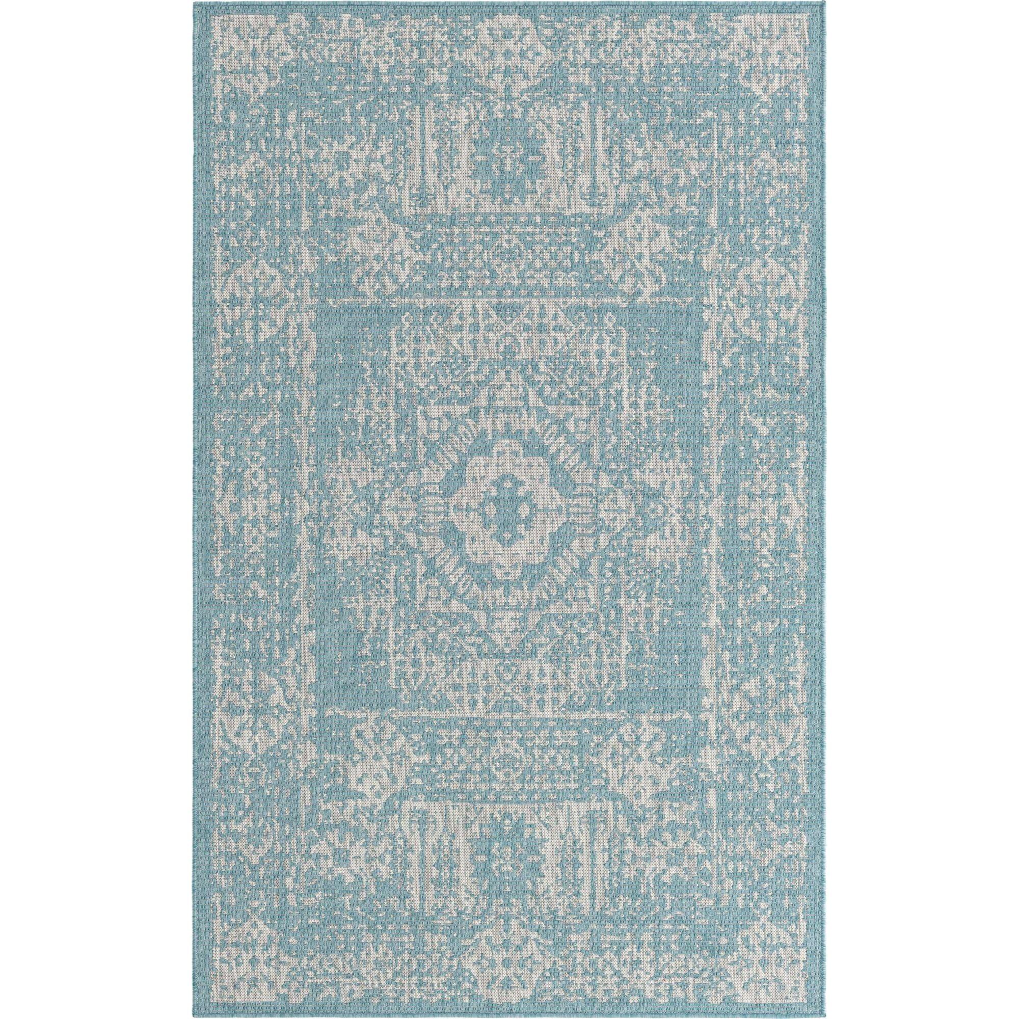 Serene Light Aqua & Gray 5'x8' Synthetic Outdoor Rug