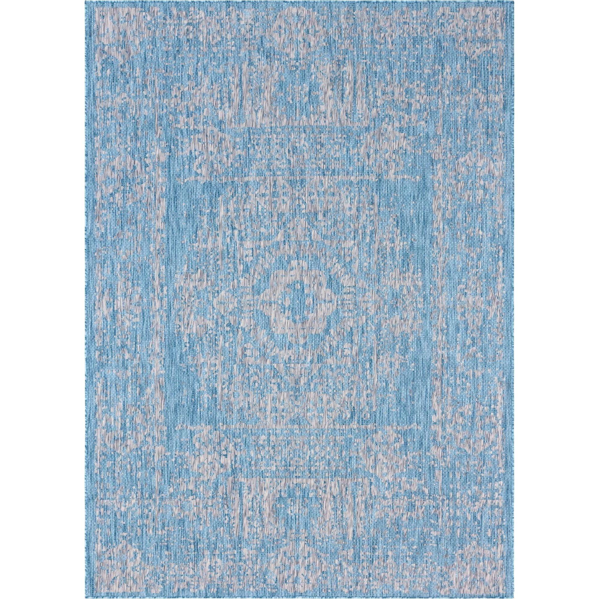 Unique Loom Outdoor Traditional Collection Area Rug - Timeworn (7' 10" x 11' Rectangle Light Aqua/Gray)