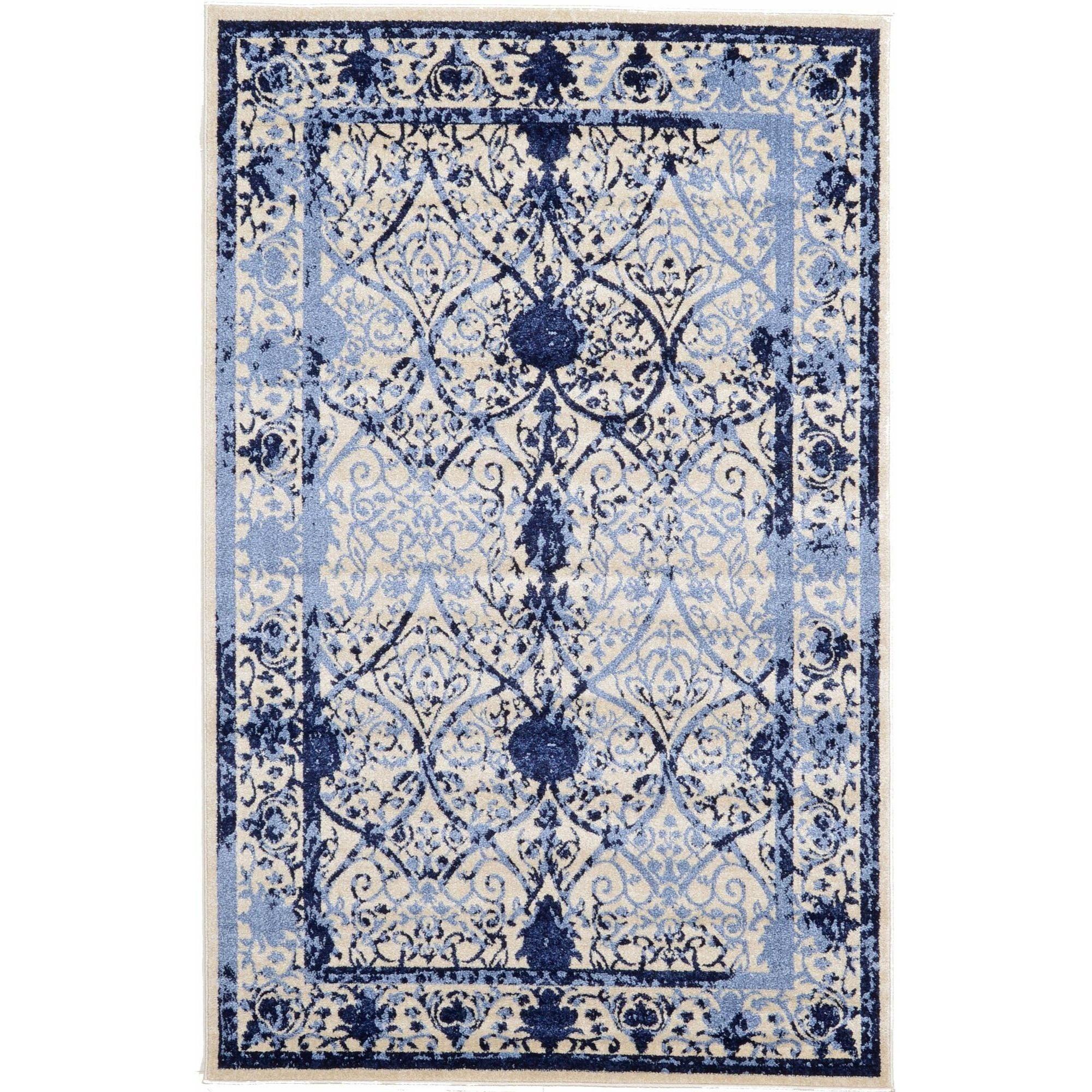 Handmade Ivory and Blue Floral Synthetic 5' x 8' Rectangular Rug