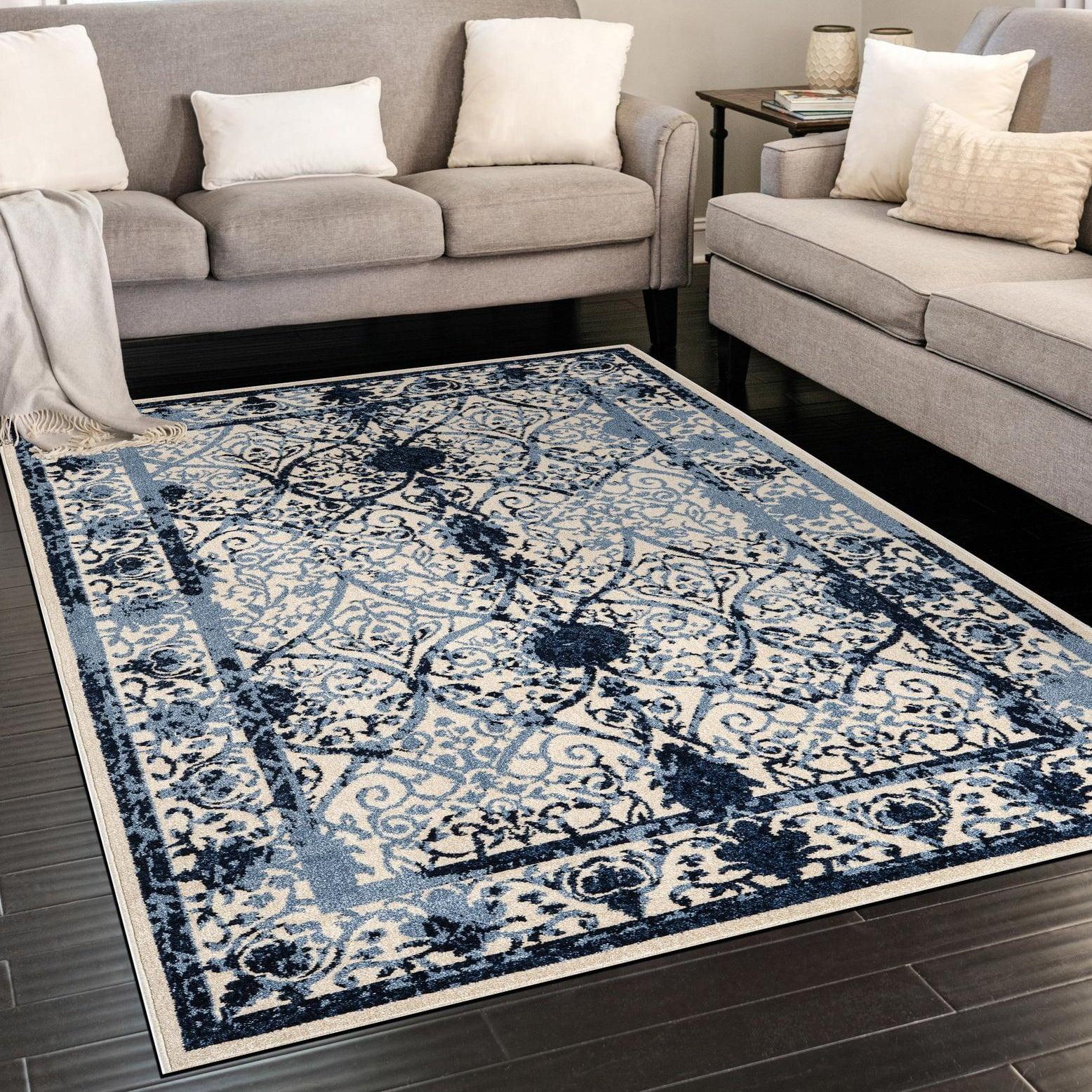 Unique Loom La Jolla Collection Area Rug - Traditional (5' 1" x 8' Rectangle Ivory and Blue/Blue)