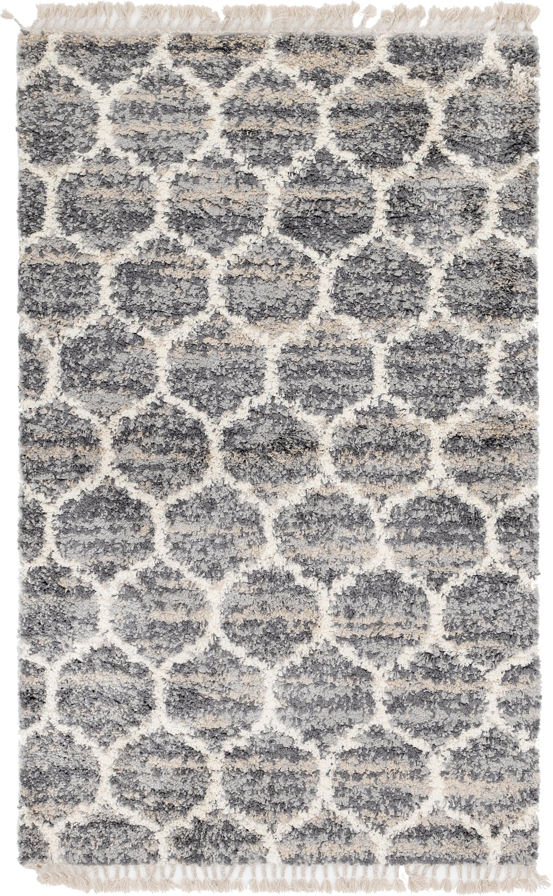 Athena Shag Trellis Gray 5' x 8' Indoor Area Rug with Braided Fringe