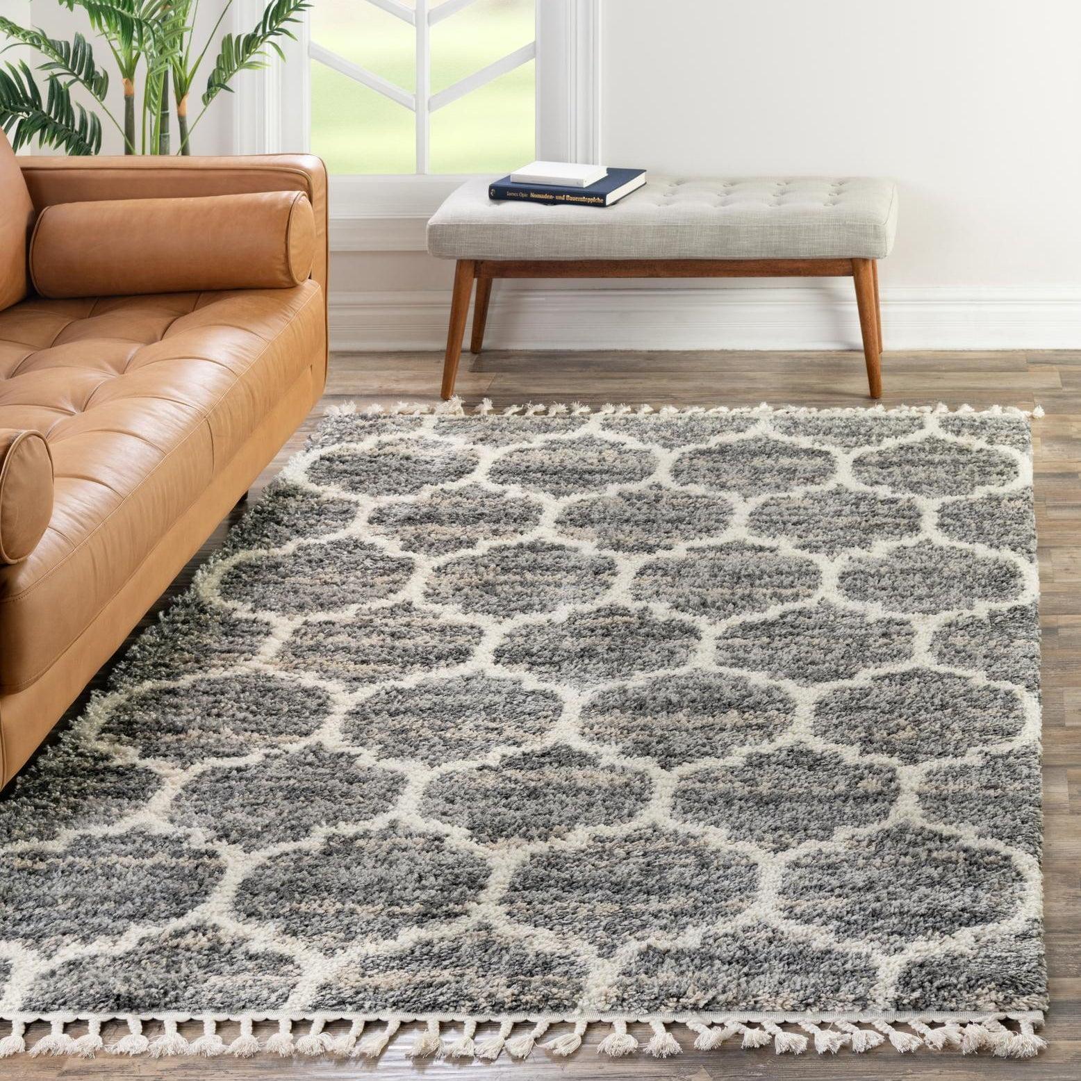 Athena Shag Trellis Gray 5' x 8' Indoor Area Rug with Braided Fringe