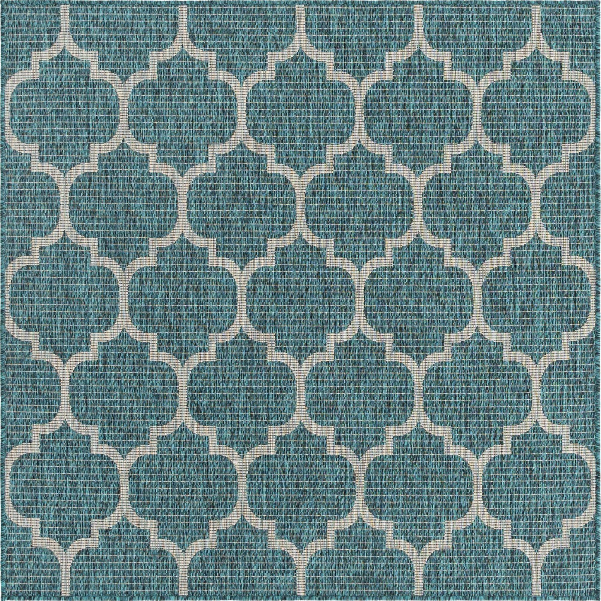 Teal & Gray Square Trellis Outdoor Rug, Easy-Care Synthetic