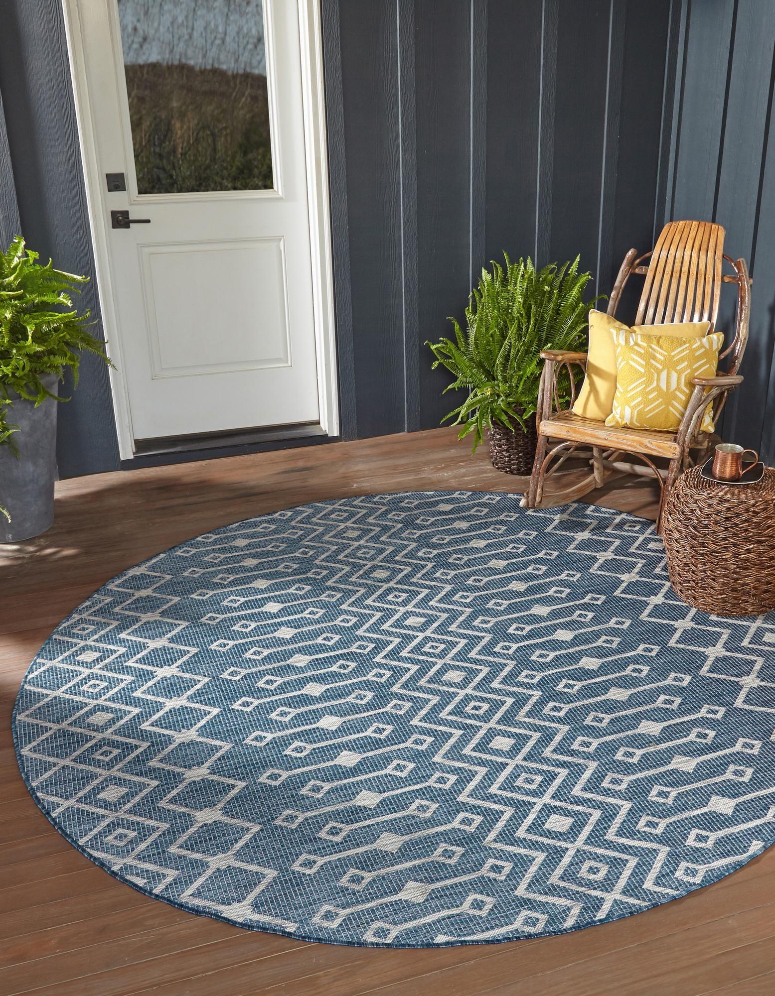 Blue Round Synthetic Trellis Outdoor Area Rug 10'