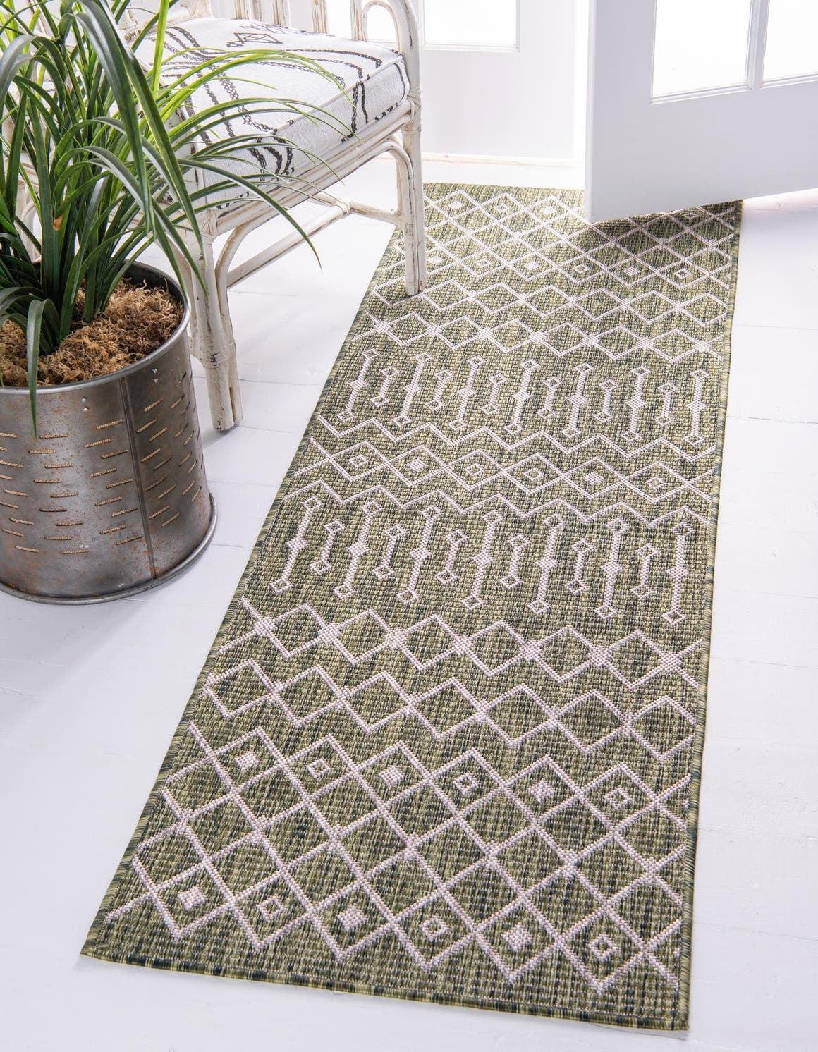 Green/Ivory Geometric Synthetic 2' x 8' Outdoor Runner