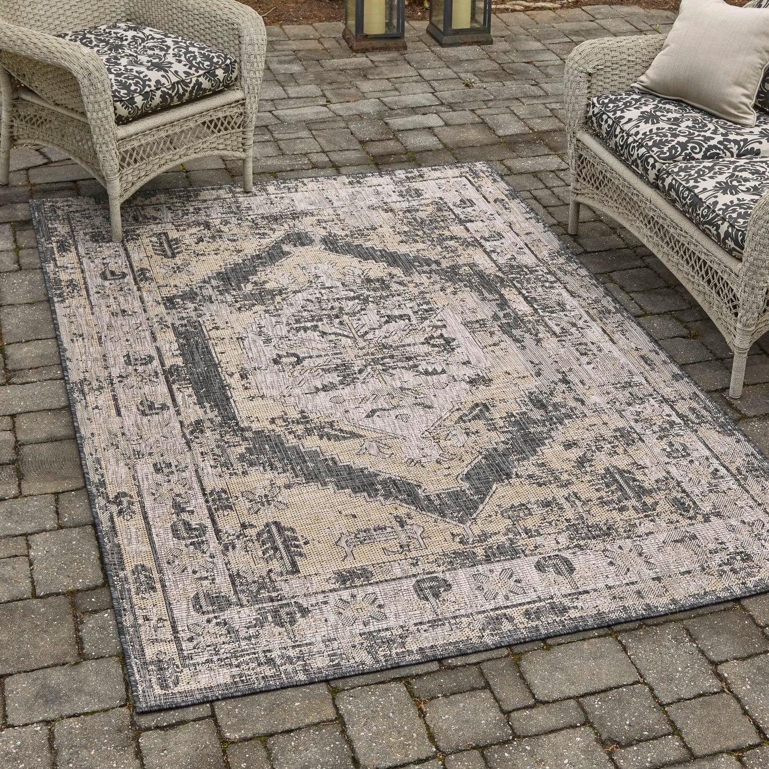 Unique Loom 9' 0 x 12' 0 Rectangle Indoor/Outdoor Traditional Charcoal Area Rug