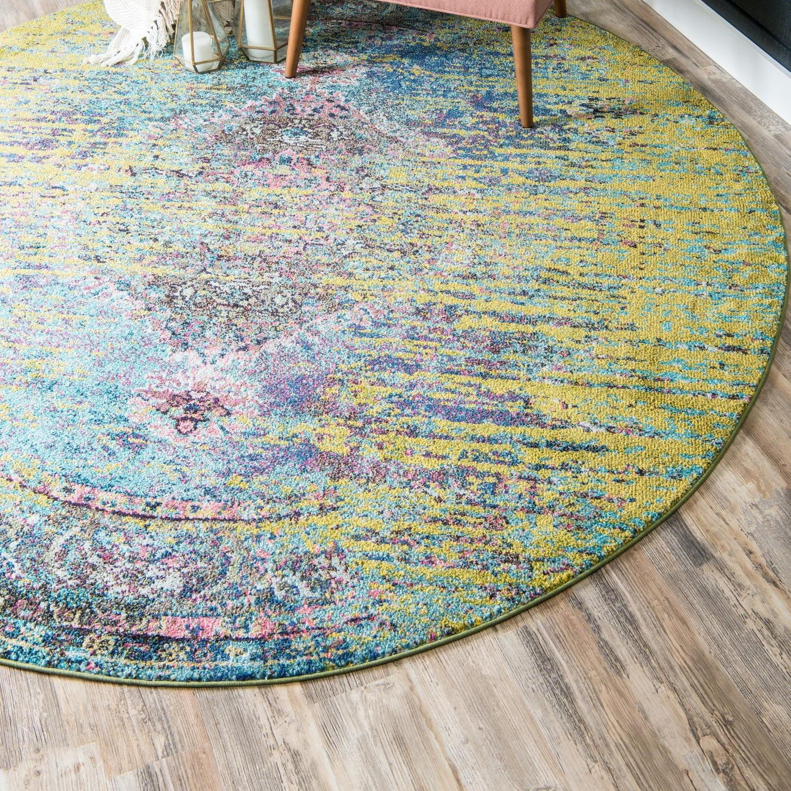 Vibrant Round 4' Synthetic Easy-Care Yellow & Green Rug