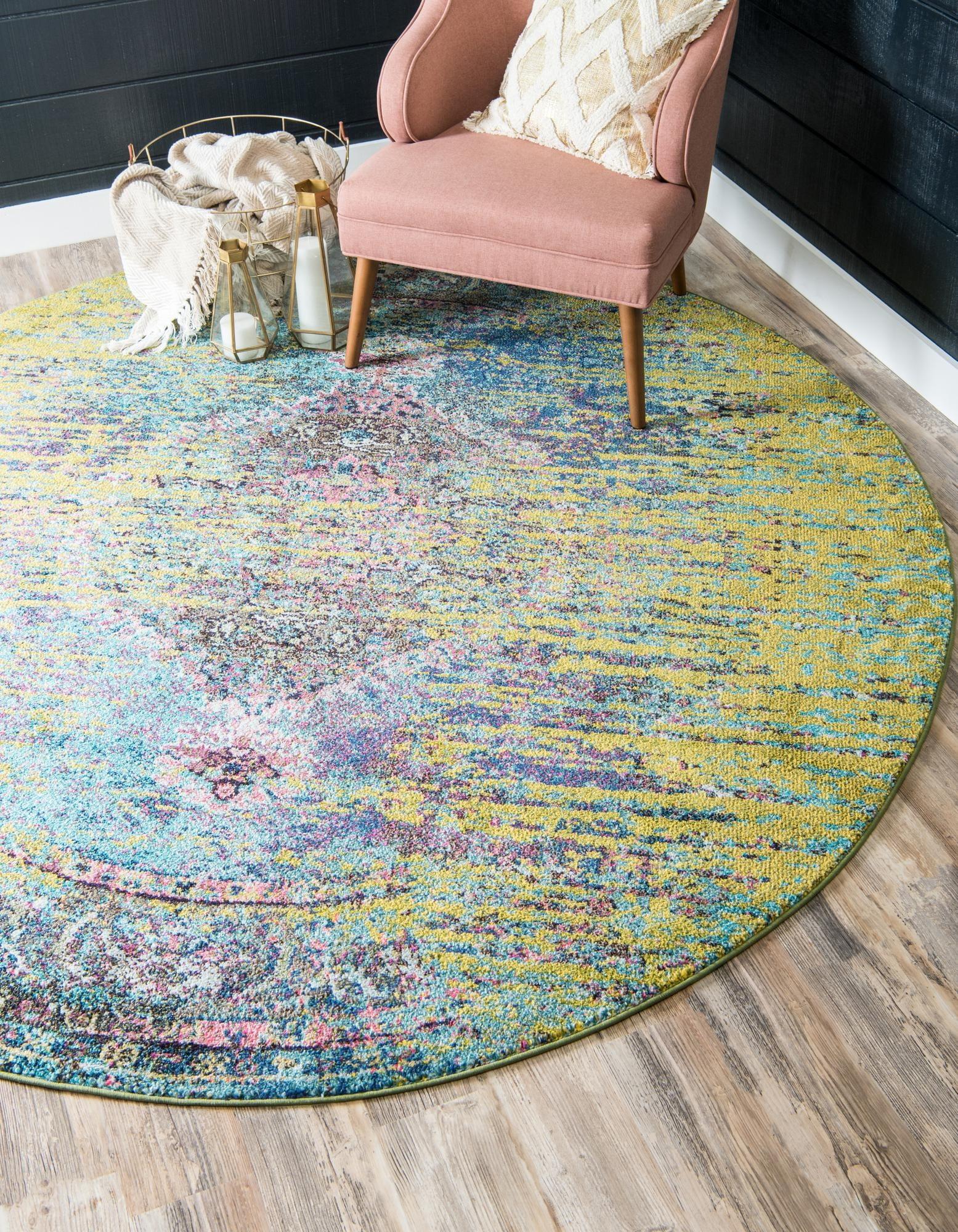 Vibrant Round 4' Synthetic Easy-Care Yellow & Green Rug