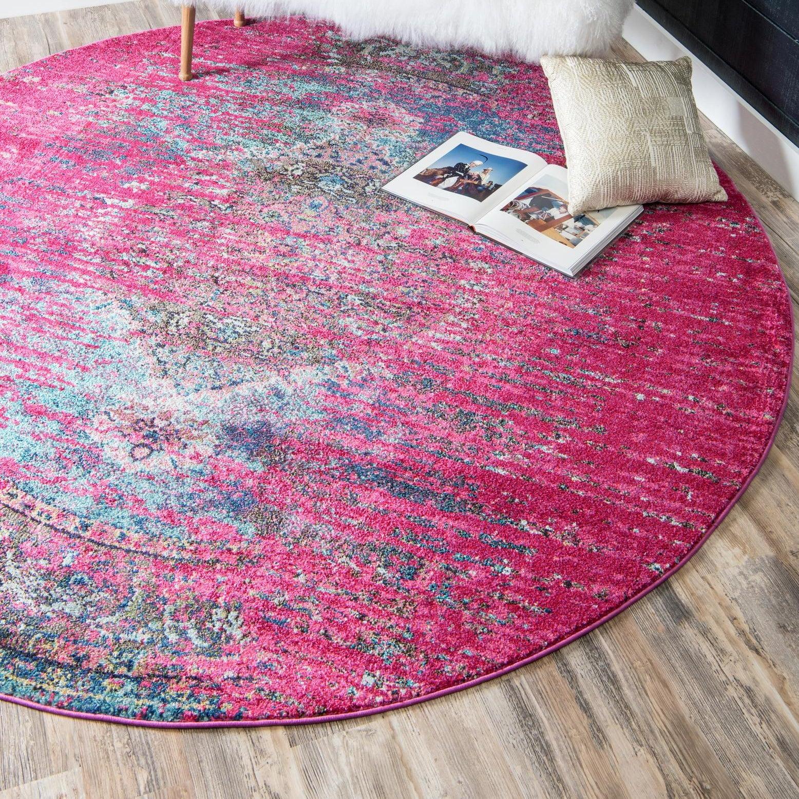 Rugs.com Carnevale Collection Rug – 4 Ft Round Pink Medium Rug Perfect For Kitchens, Dining Rooms